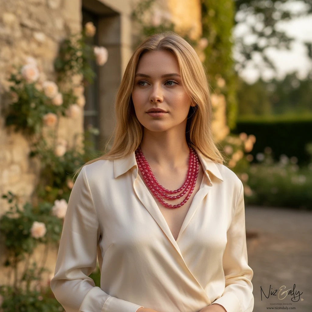 Niz & Aly triple strand necklace featuring polished translucent cherry quartz beads worn by a woman in a silk blouse.