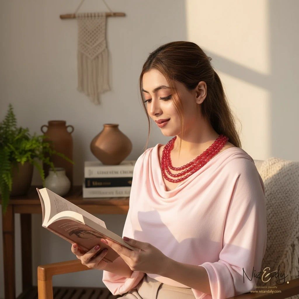 Niz & Aly triple strand cherry quartz beaded necklace worn by a woman reading a book in a sunlit room.