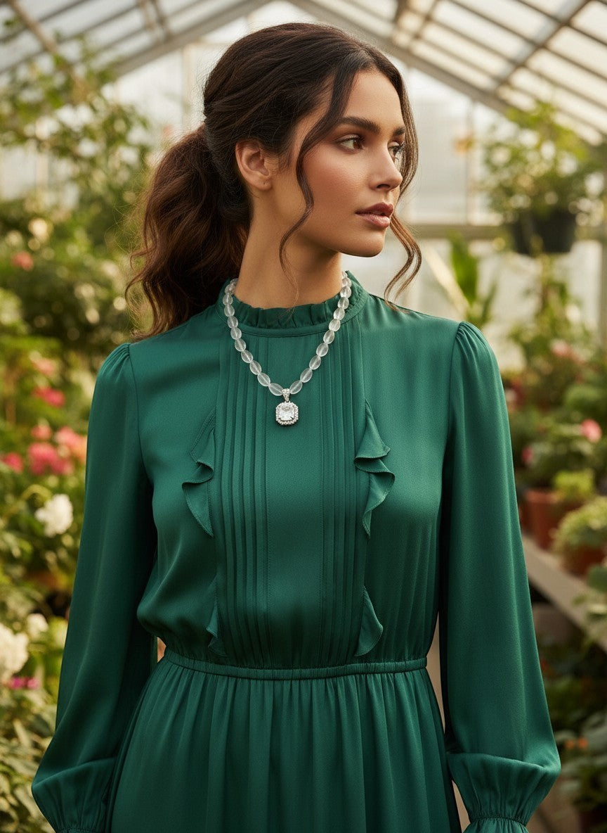 Niz & Aly clear quartz pendant necklace with icy quartz beads worn by a woman in a green dress in a greenhouse