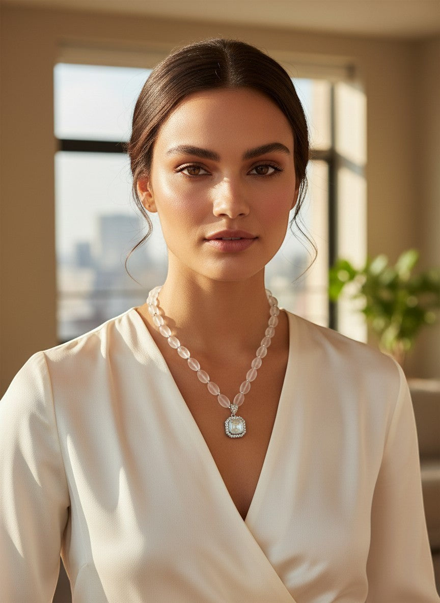 Niz & Aly clear quartz pendant necklace with icy quartz beads worn by a woman in a white blouse.