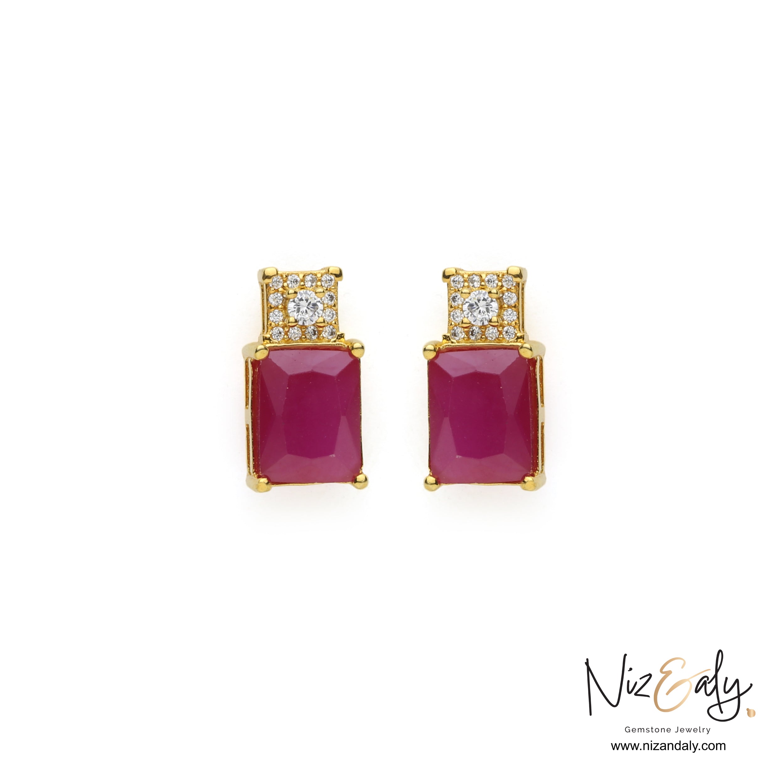 Niz & Aly composite ruby earrings featuring rectangular red stones in gold settings with sparkling accent crystals.
