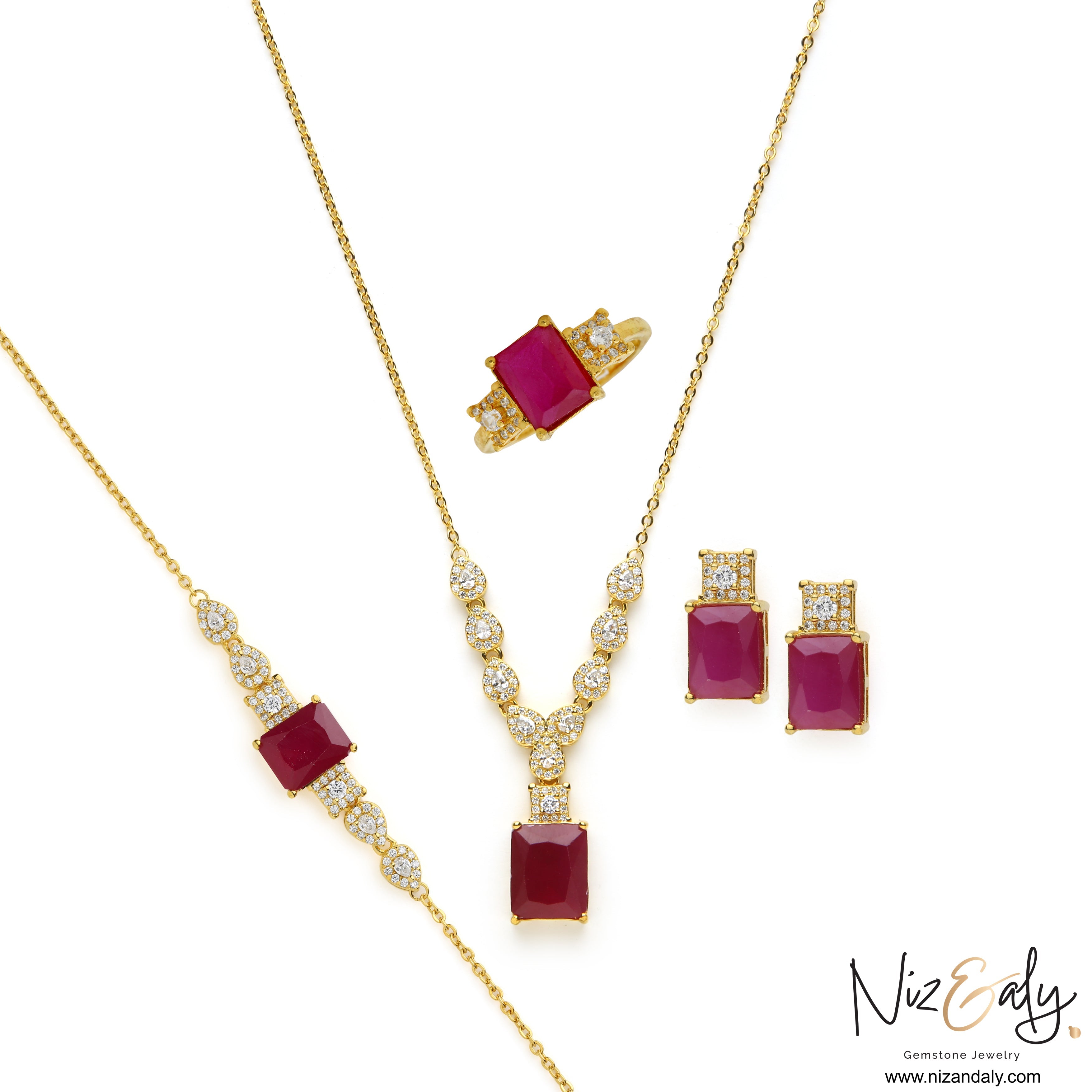 Niz & Aly composite ruby jewelry set featuring a gold pendant, earrings, ring, and bracelet with deep crimson stones.