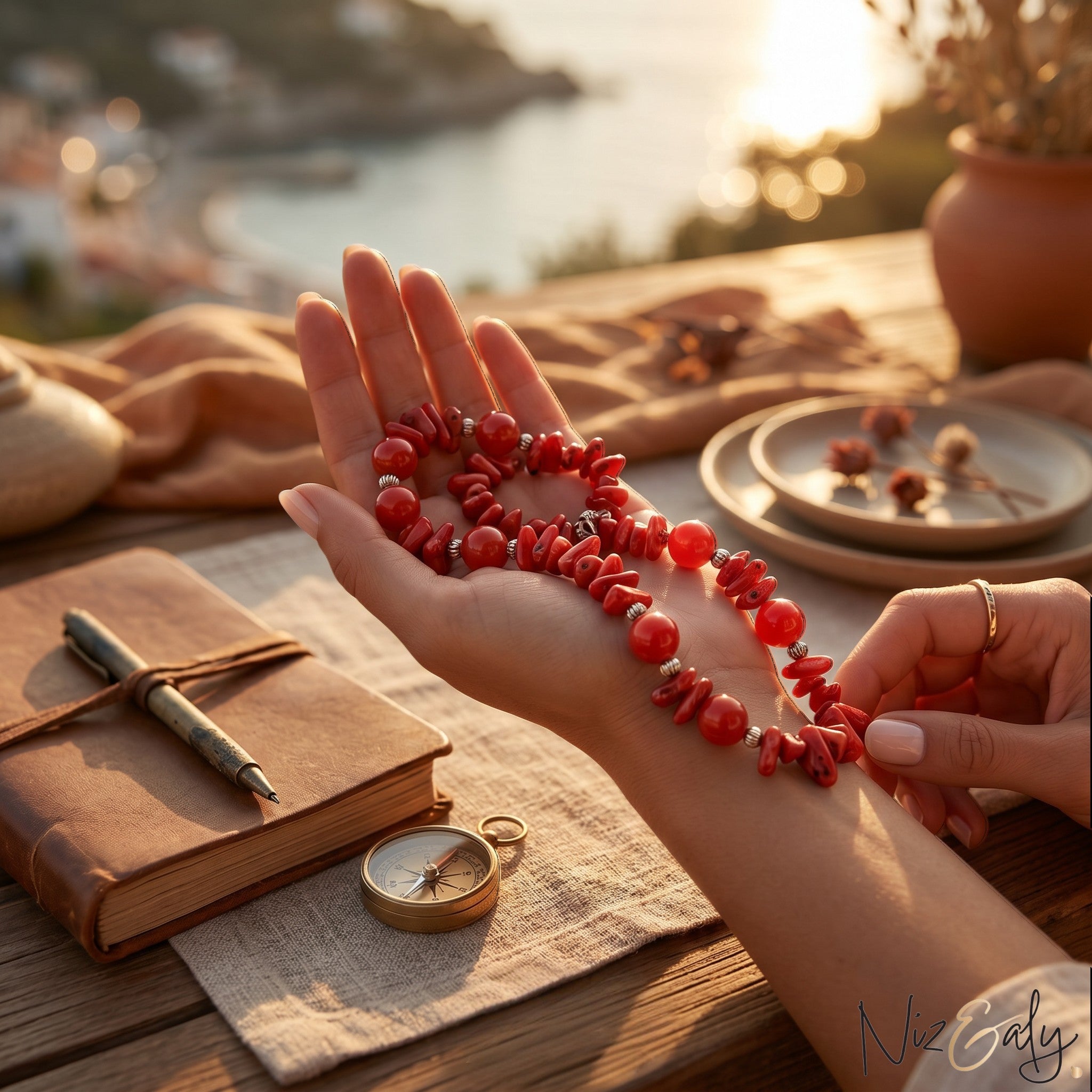 Niz & Aly coral and carnelian bead necklace held in hand, featuring vibrant red natural gemstone beads on a wooden table.