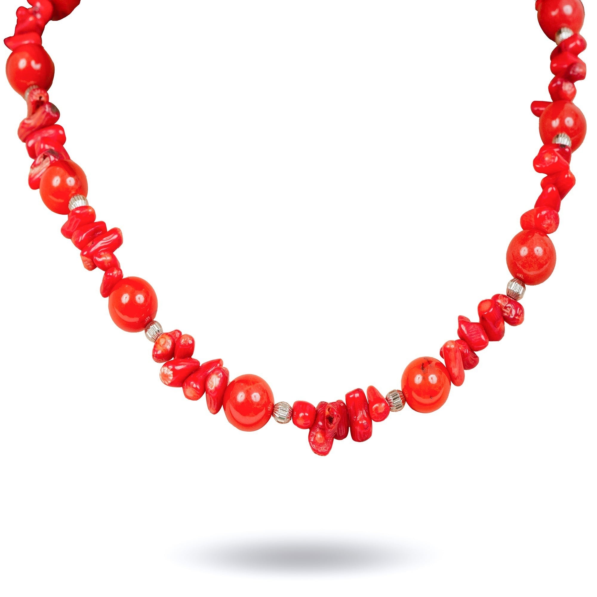 Niz & Aly coral and carnelian bead necklace featuring vibrant red natural gemstone beads and silver accents.