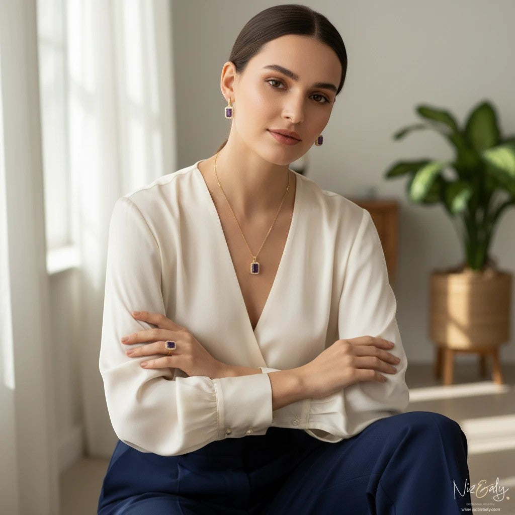 Niz & Aly cushion cut dark amethyst drop pendant necklace and matching earrings worn by a woman in a white blouse.