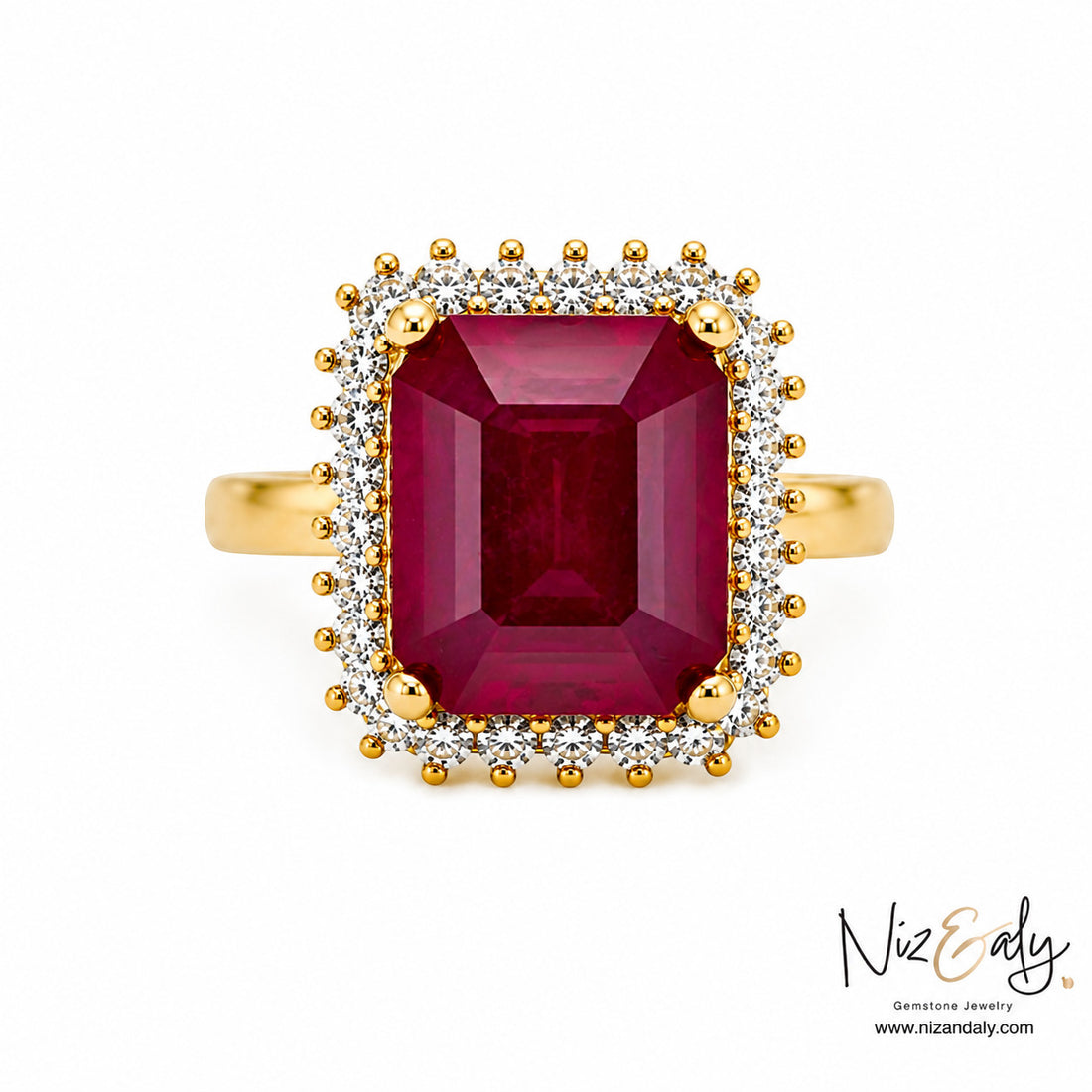 Niz & Aly emerald-cut natural ruby ring with a diamond halo set in polished yellow gold.