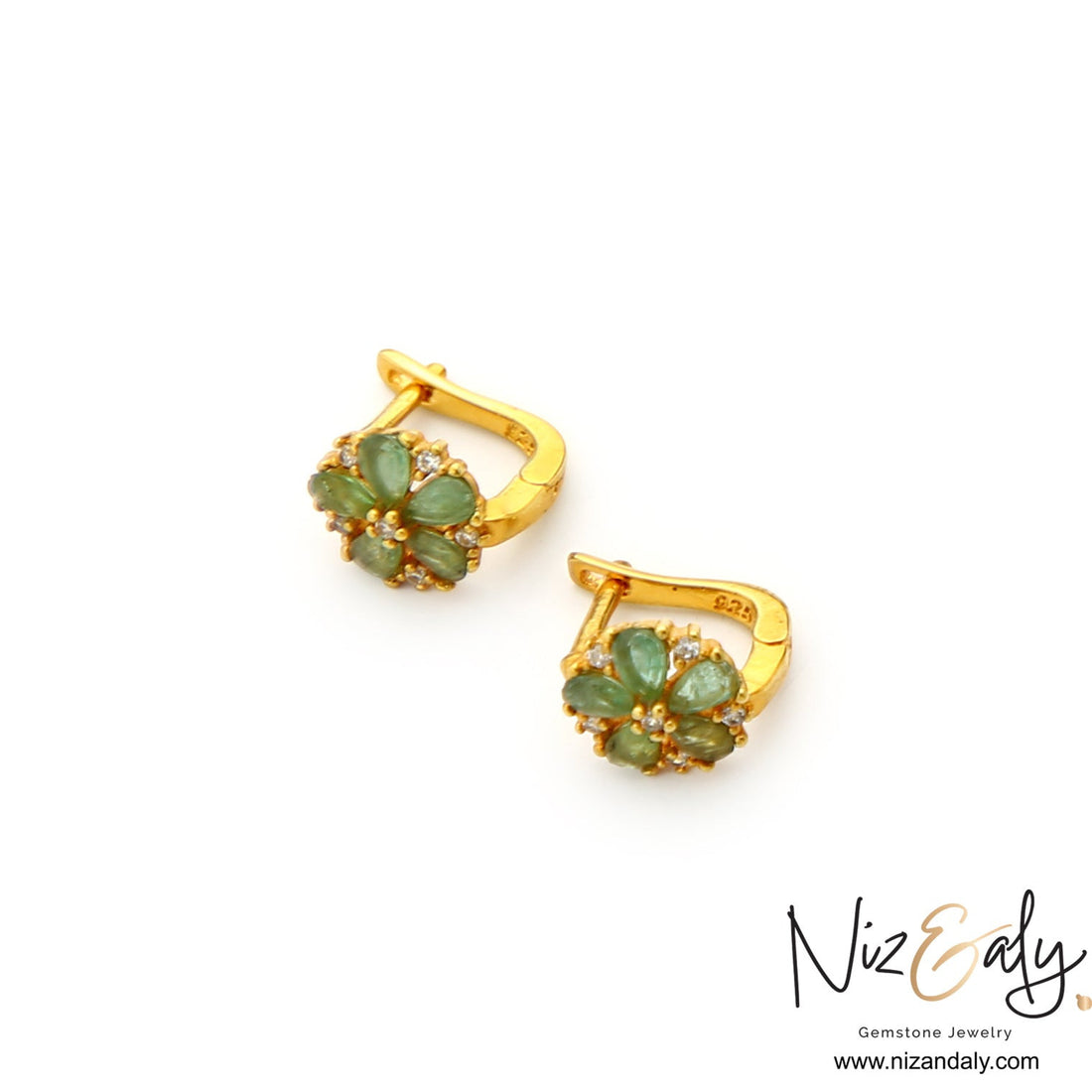 Niz & Aly floral hoop earrings featuring natural green emerald petals and clear stones set in gold-plated silver.
