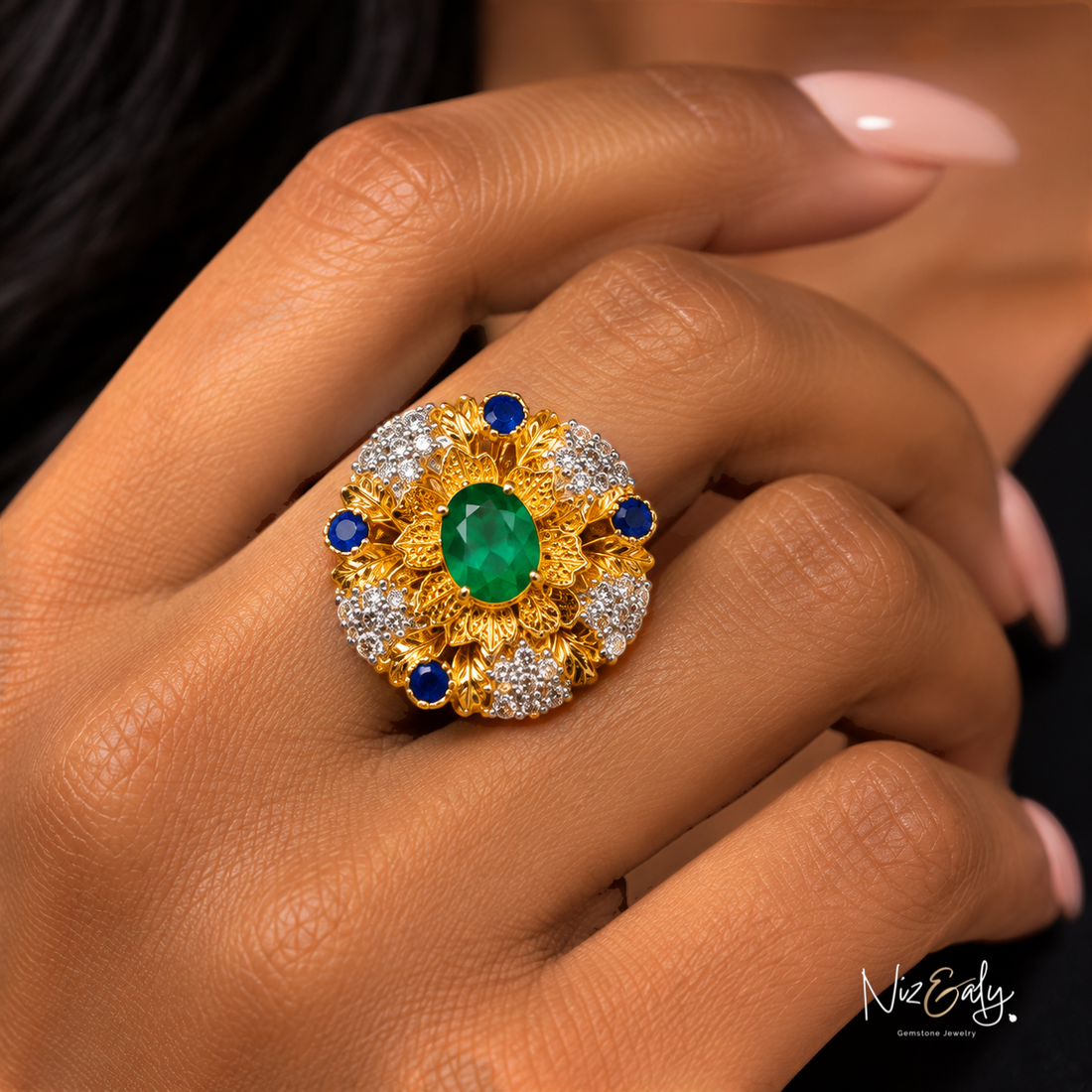 Niz & Aly gold statement ring featuring a central oval emerald, blue sapphires, and diamond accents in floral filigree