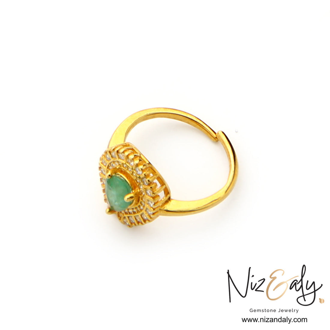 Niz & Aly gold-plated sterling silver ring featuring a natural teardrop emerald surrounded by a sparkling stone halo.