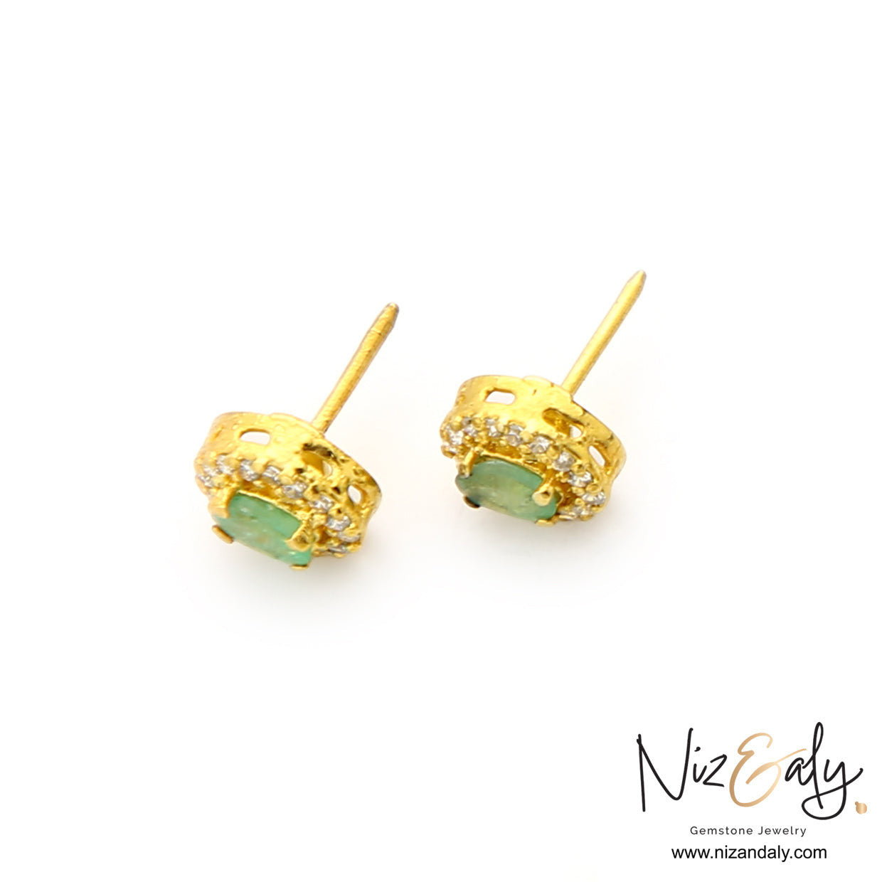 Niz & Aly gold-plated sterling silver stud earrings featuring oval-cut natural emeralds with a sparkling stone halo.