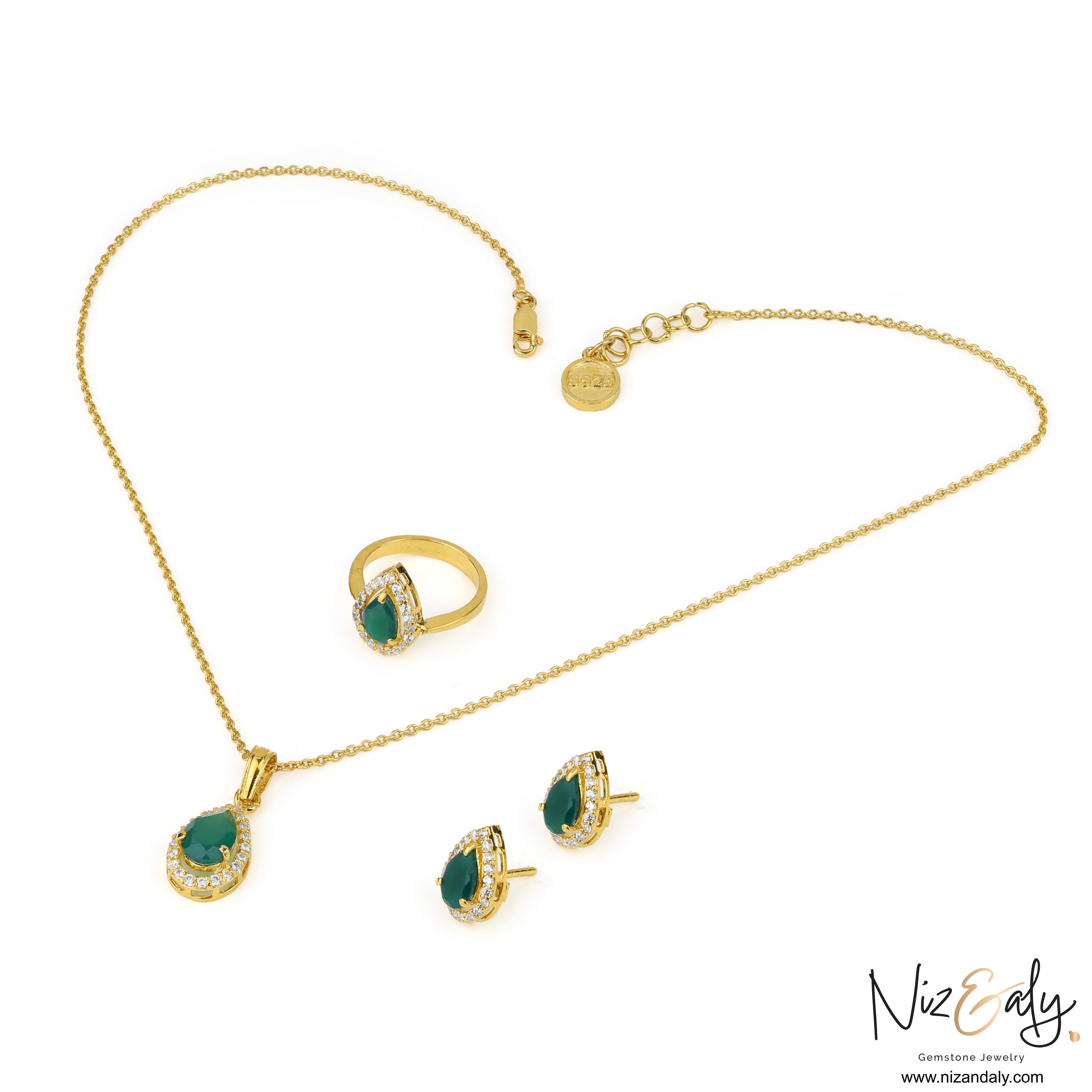 Niz & Aly natural teardrop emerald jewelry set with pendant, earrings, and ring in gold-plated sterling silver.