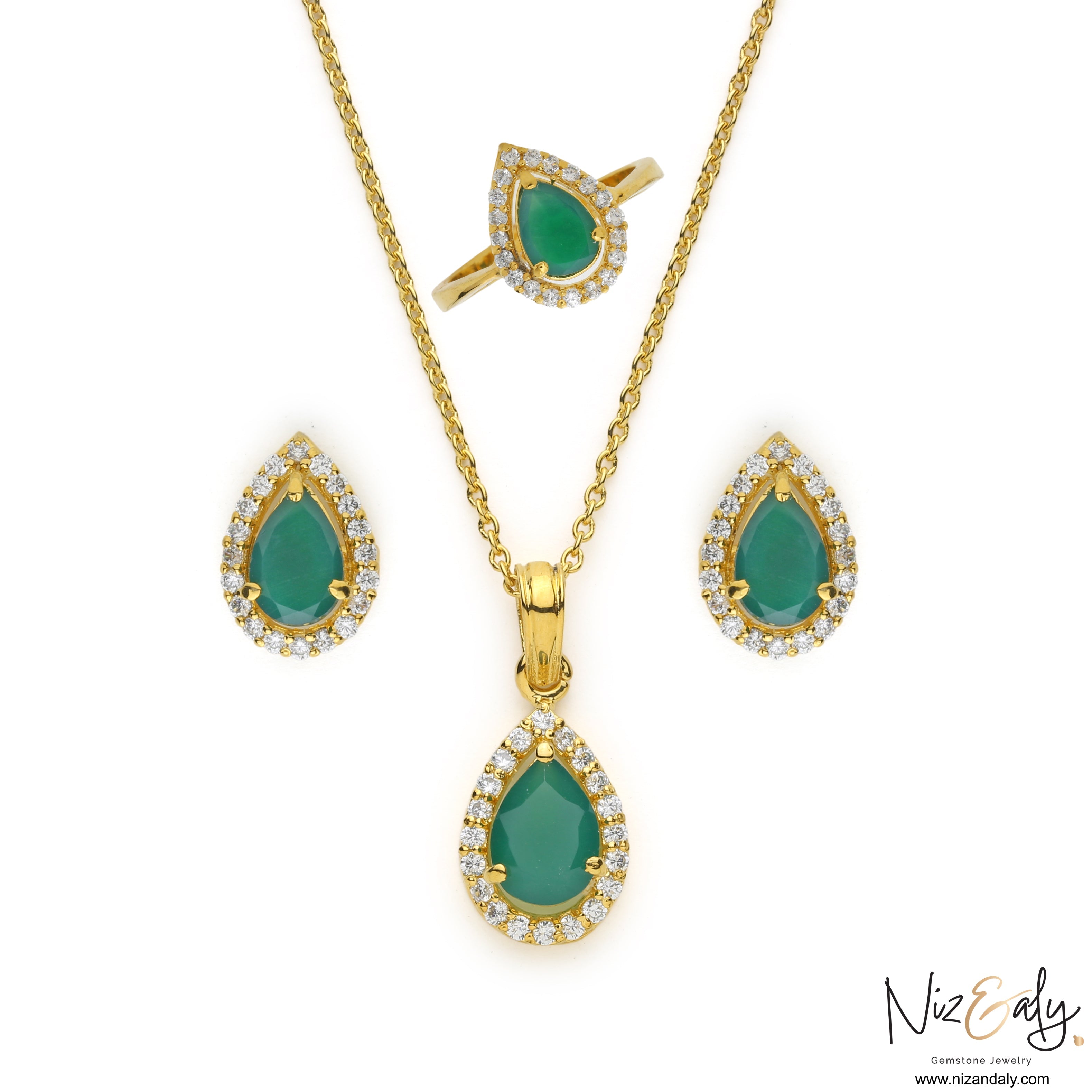 Niz & Aly natural teardrop emerald jewelry set featuring a pendant, earrings, and ring in gold-plated sterling silver.