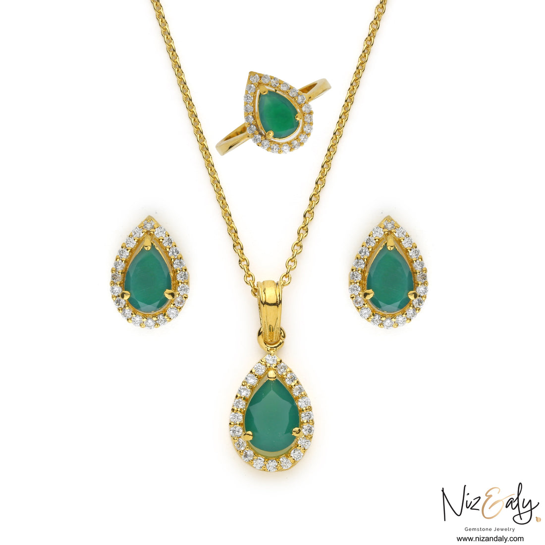 Niz & Aly natural teardrop emerald jewelry set featuring a pendant, earrings, and ring in gold-plated sterling silver.