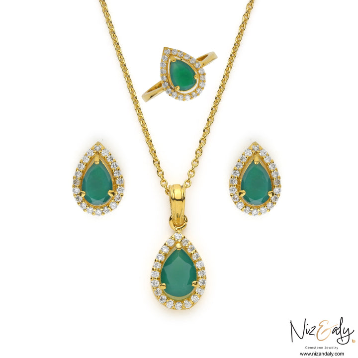 Niz & Aly natural teardrop emerald jewelry set featuring a pendant, earrings, and ring in gold-plated sterling silver.