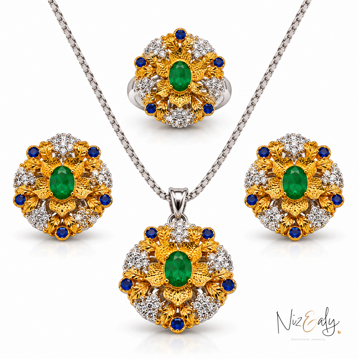 Niz & Aly emerald, sapphire, and diamond jewelry set featuring a floral gold pendant, ring, and matching earrings.