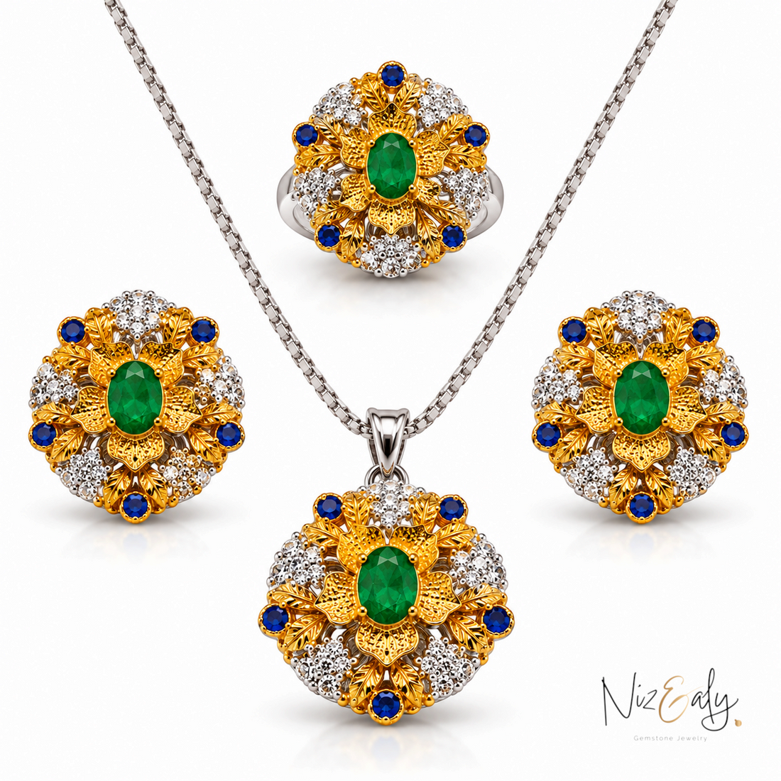 Niz & Aly emerald, sapphire, and diamond jewelry set featuring a floral gold pendant, ring, and matching earrings.