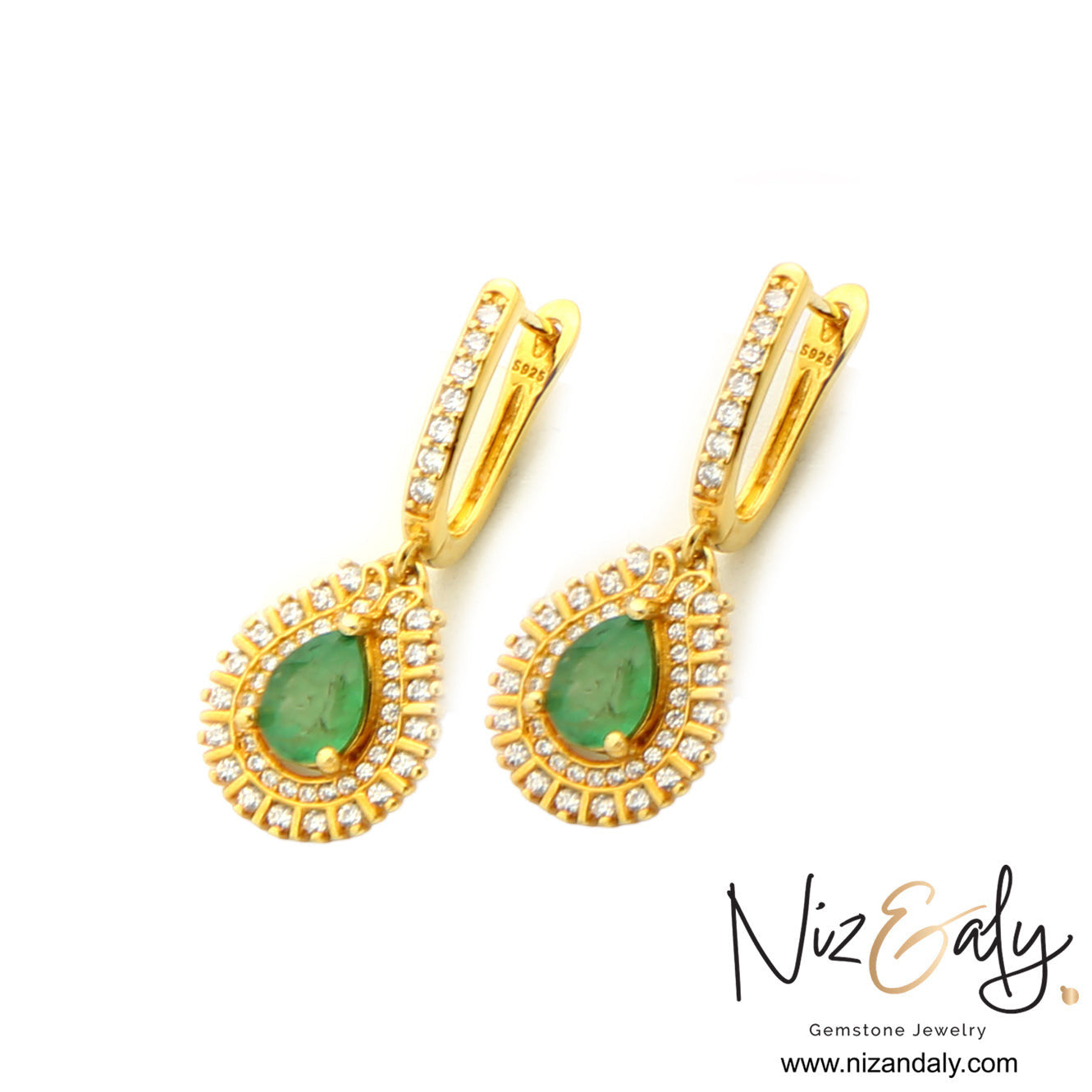 Niz & Aly teardrop natural emerald earrings in gold-plated sterling silver with sparkling clear stone halos