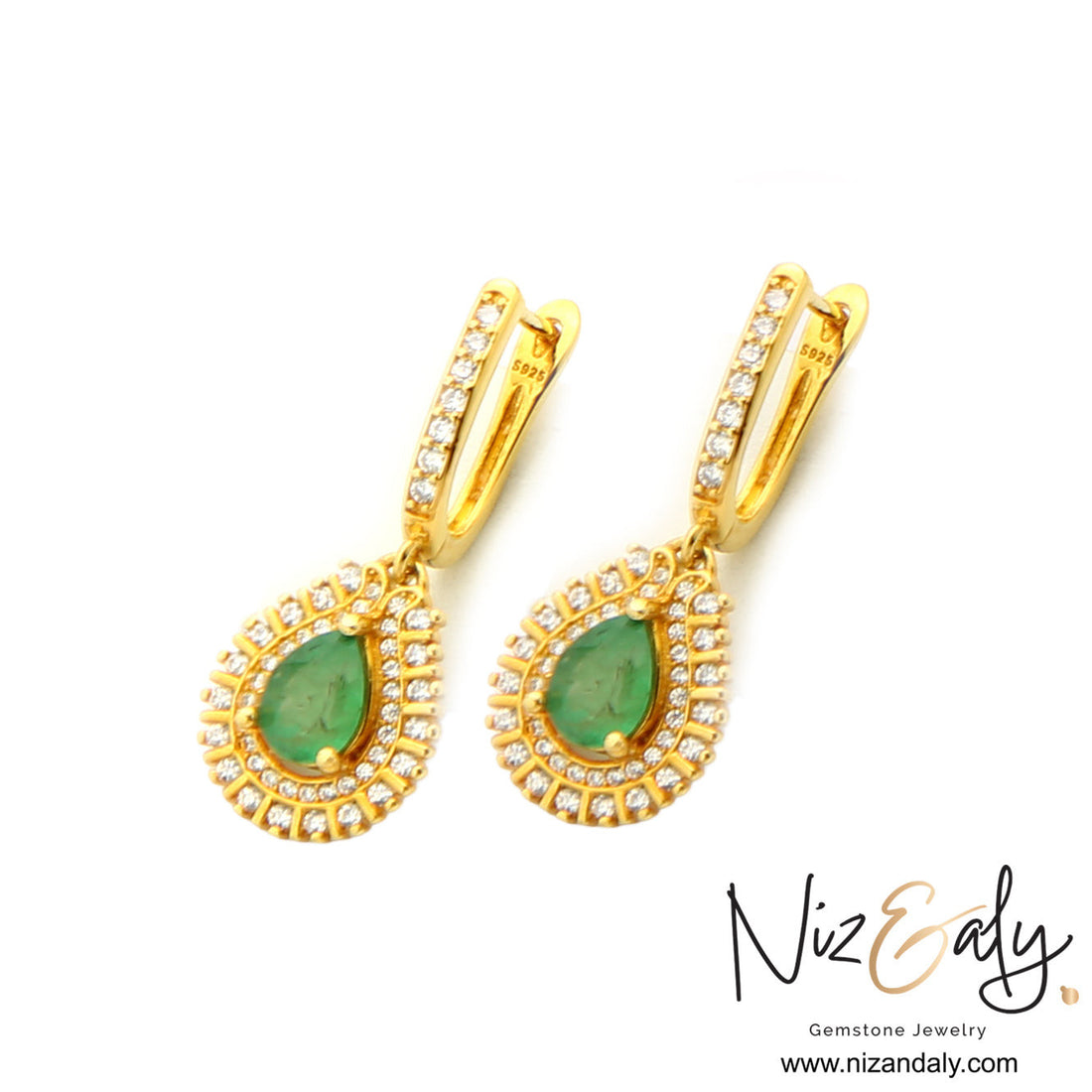 Niz & Aly teardrop natural emerald earrings in gold-plated sterling silver with sparkling clear stone halos