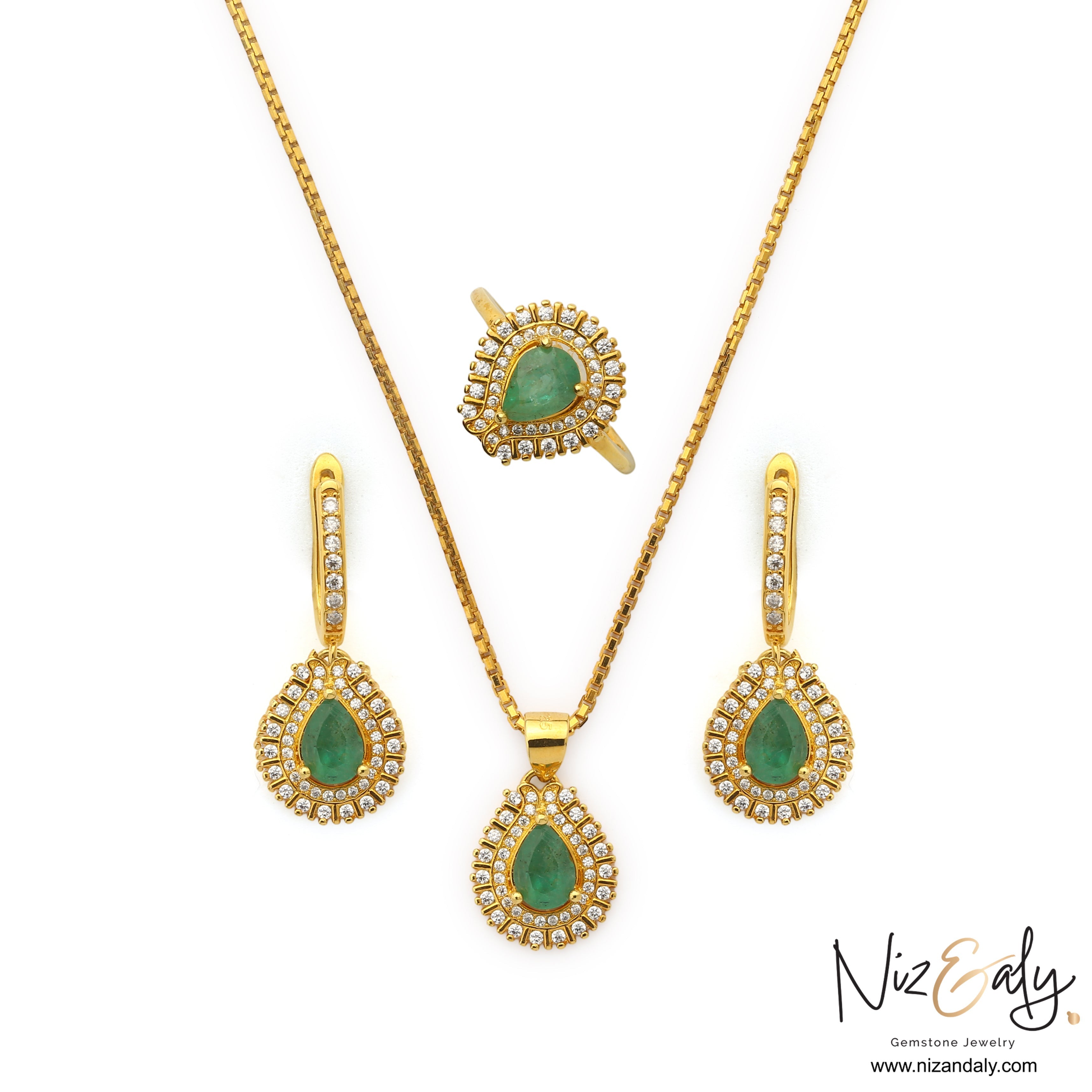 Niz & Aly Emerald Reverie teardrop pendant, earrings, and ring set in gold-plated sterling silver with clear halos.