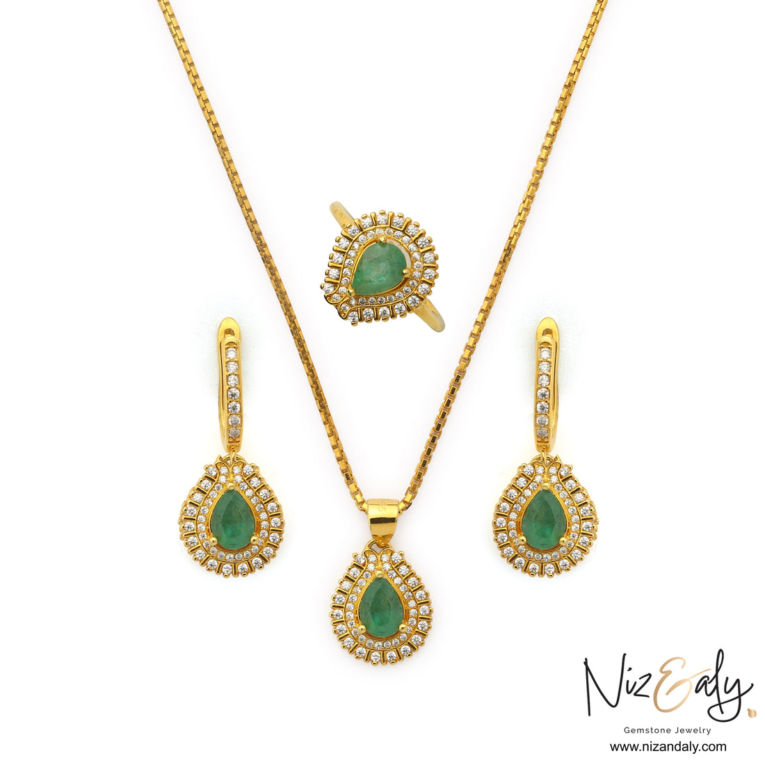 Niz & Aly Emerald Reverie teardrop pendant, earrings, and ring set in gold-plated sterling silver with clear halos.