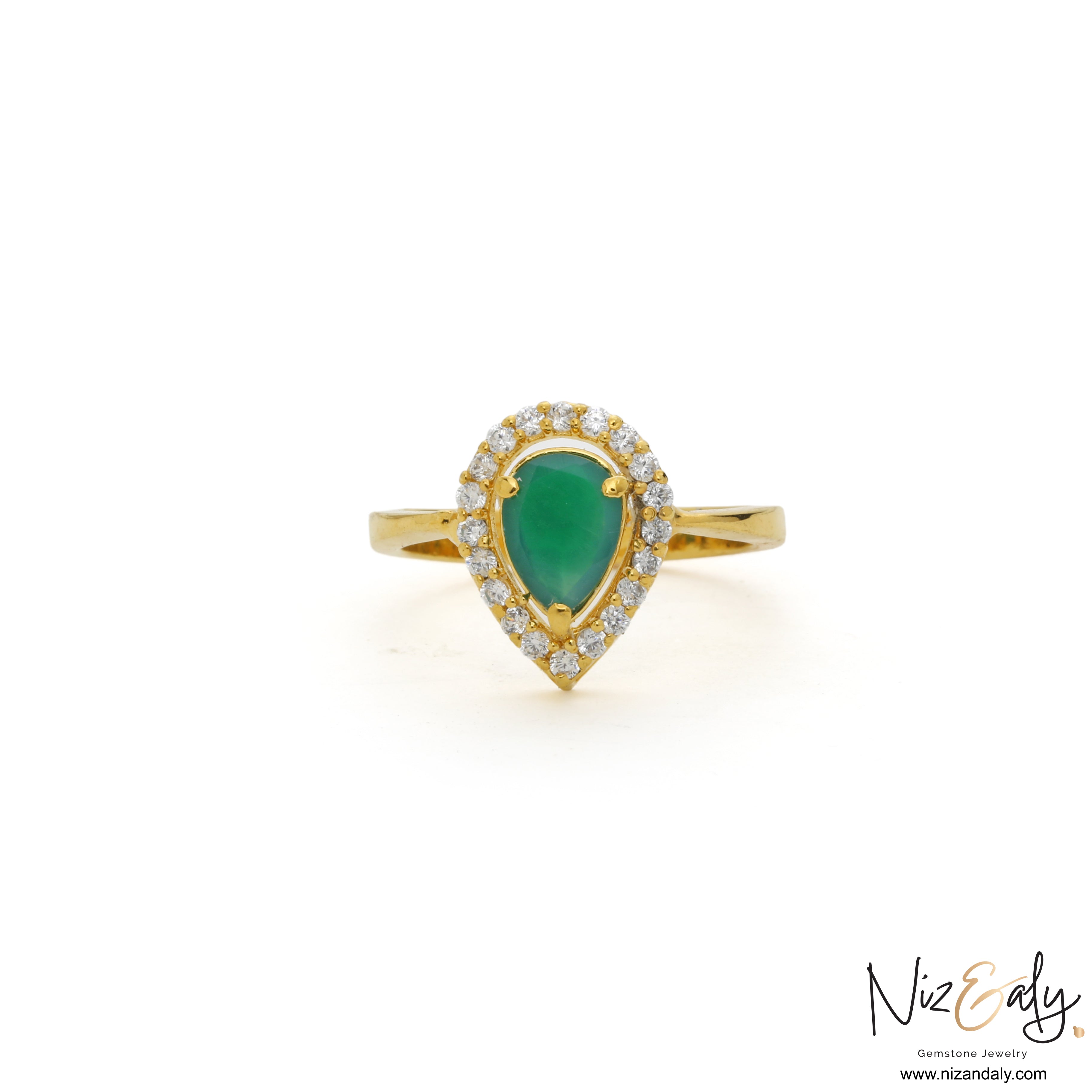 Niz & Aly teardrop natural emerald ring with diamond halo accents set in gold-plated sterling silver