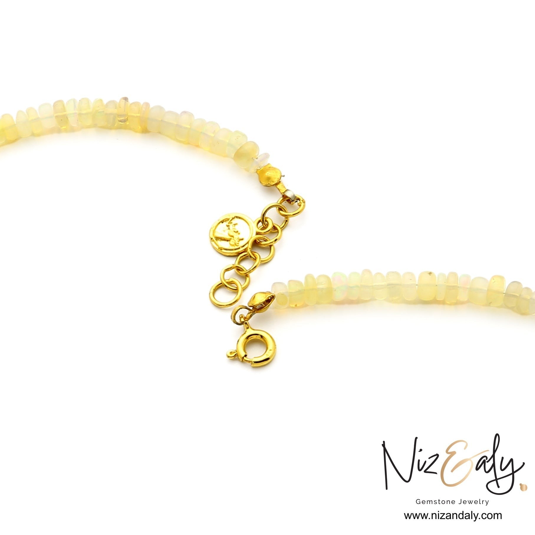 Niz & Aly Ethiopian fire opal rondelle bead necklace with a gold-plated spring lock clasp on a white background.