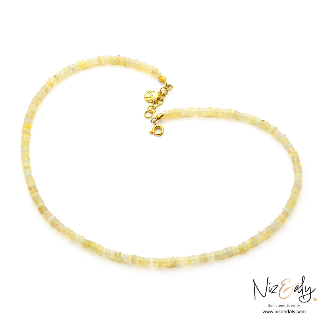 Niz & Aly Ethiopian fire opal rondelle bead necklace with gold-plated spring lock clasp on white background