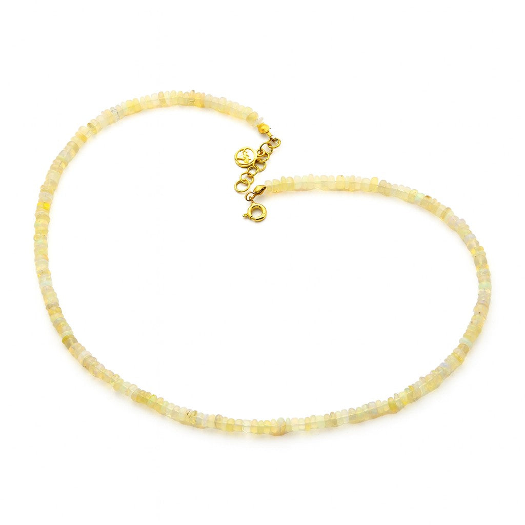 Niz & Aly 18-inch Ethiopian fire opal rondelle bead necklace with a gold-plated spring lock clasp.
