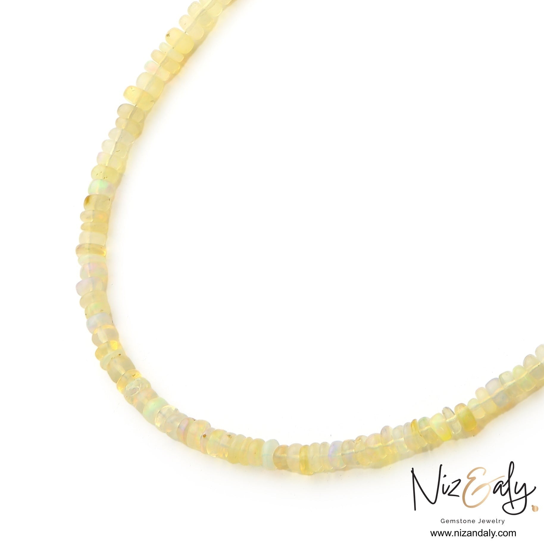 Niz & Aly 18-inch necklace featuring natural Ethiopian fire opal rondelle beads with vibrant rainbow flashes.