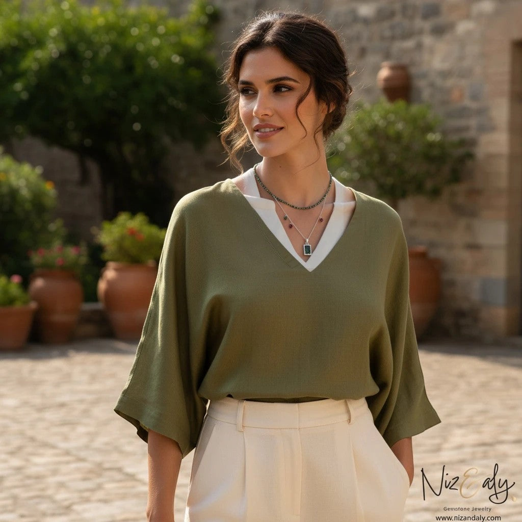 Niz & Aly dainty faceted African turquoise 2mm bead necklace worn by a woman in a green top outdoors.