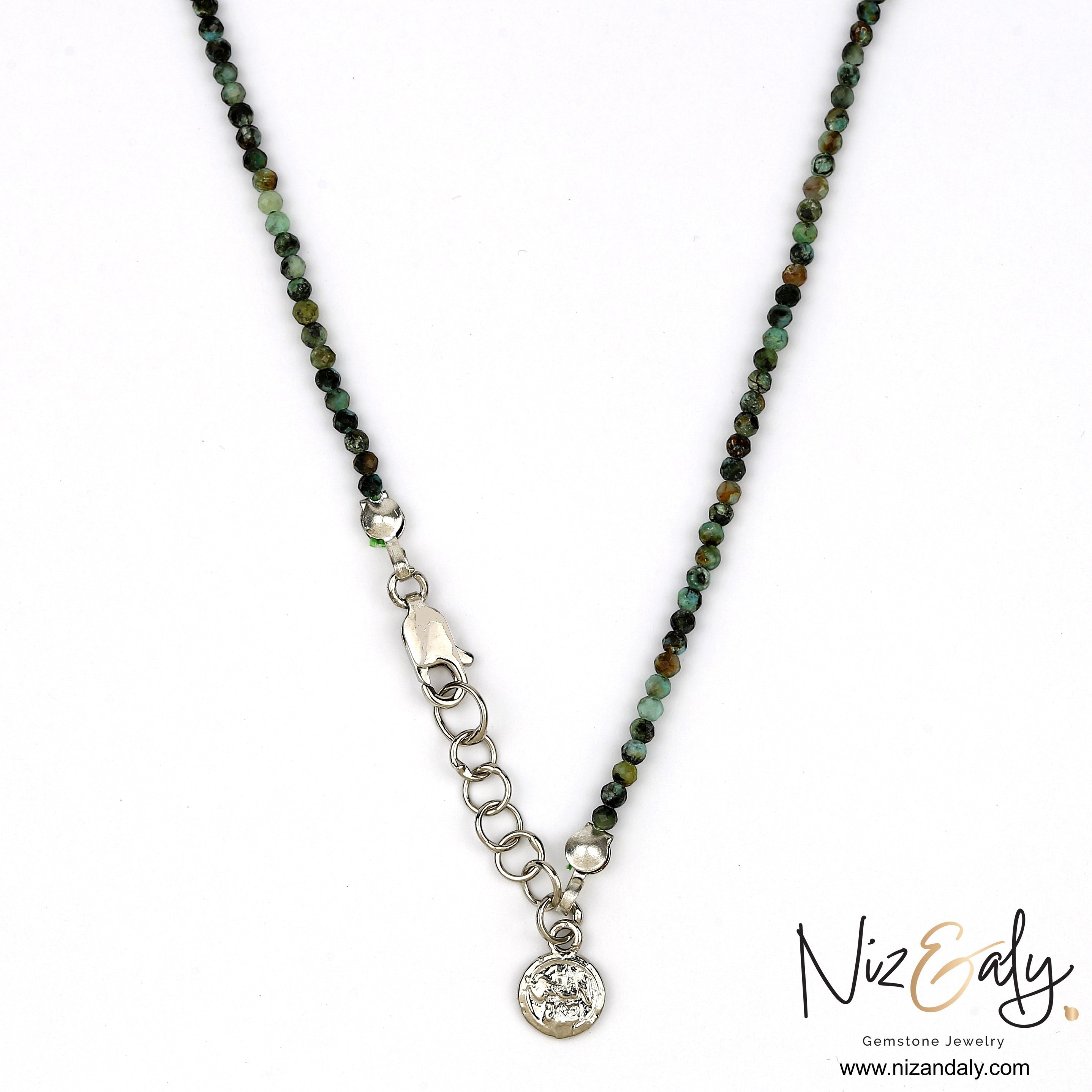 Niz & Aly dainty 16-inch necklace with 2mm faceted African turquoise beads and a silver charm clasp