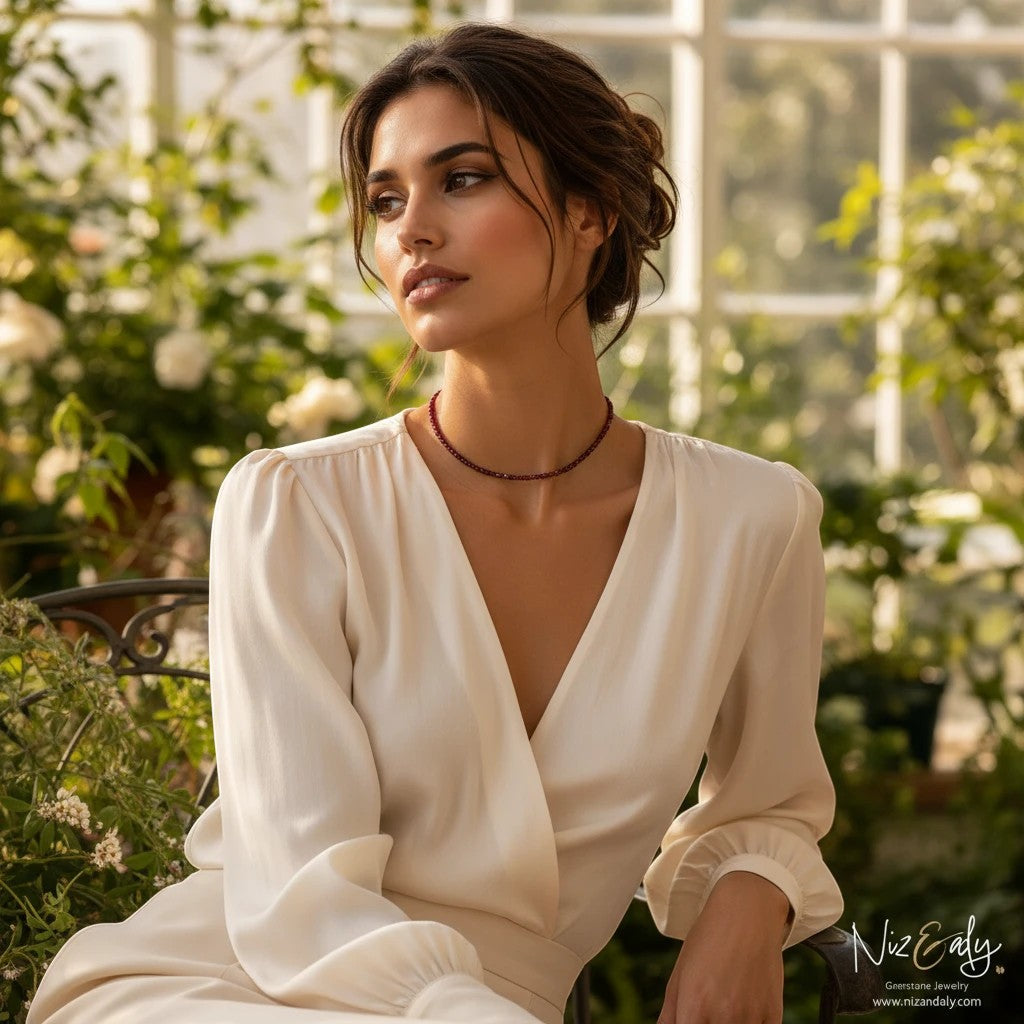 Niz & Aly dainty faceted almandine garnet bead necklace worn by a woman in a white blouse in a sunlit garden.
