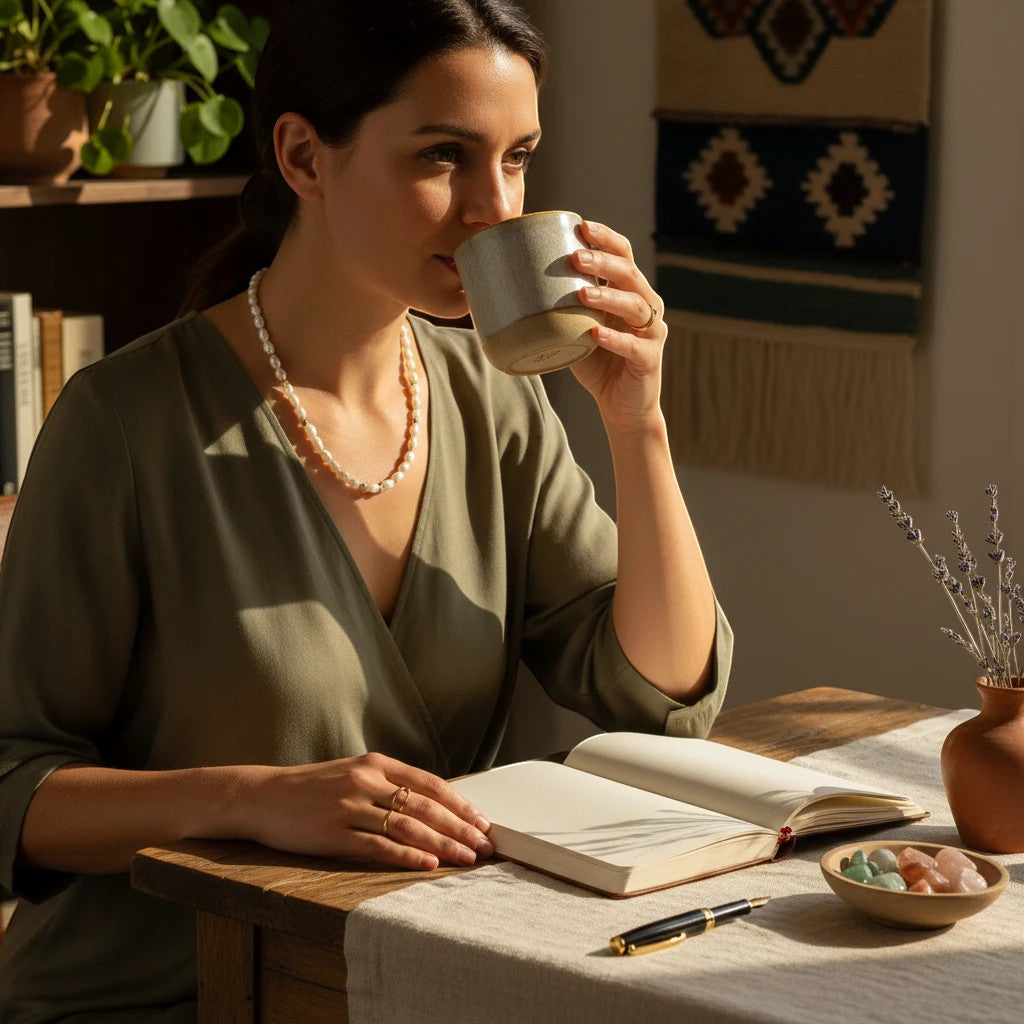 Niz & Aly Pearl Harvest necklace featuring rice-shaped freshwater pearls on a woman in a green dress drinking tea.