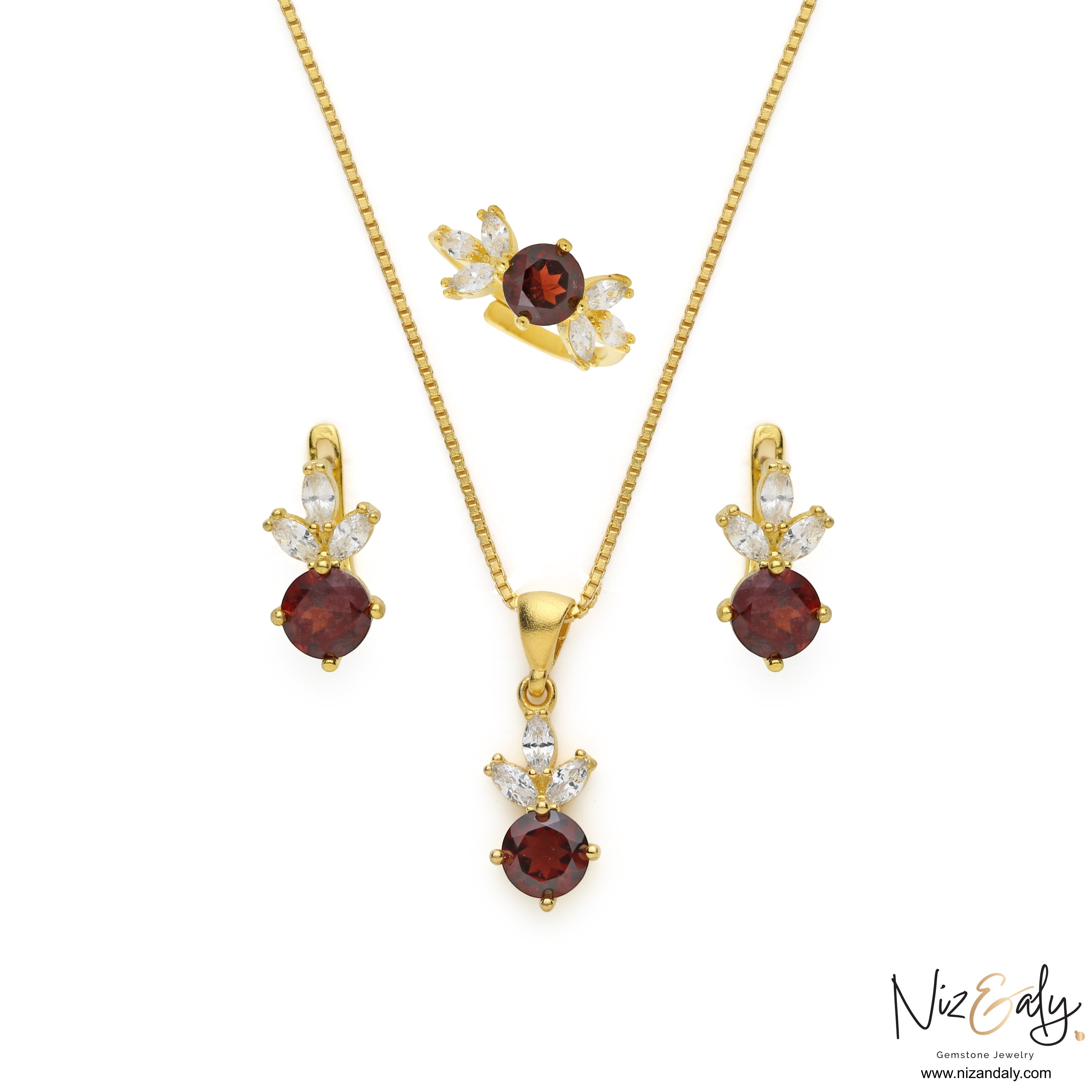 Niz & Aly natural garnet and white cubic zirconia jewelry set with gold-plated necklace, earrings, and ring.