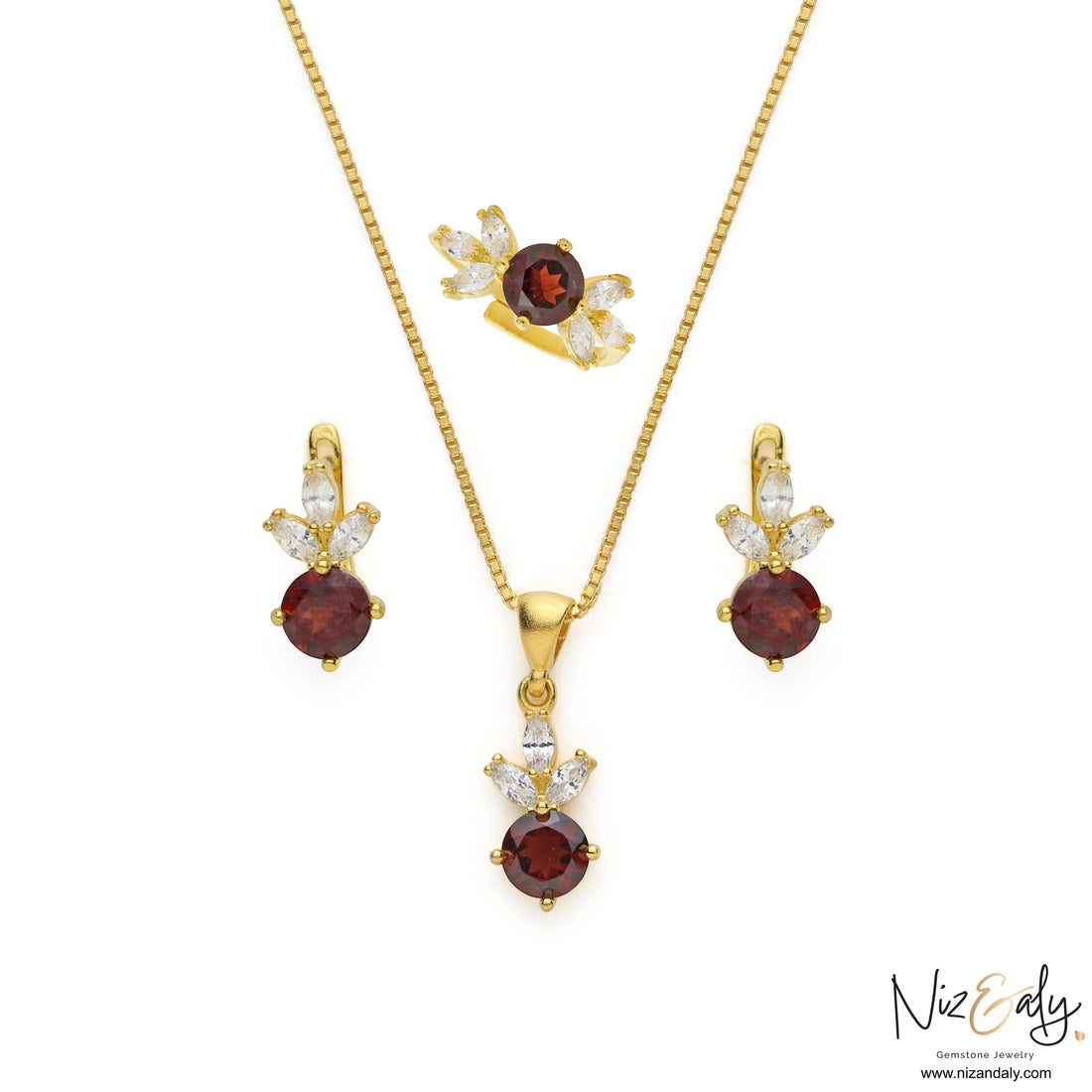 Niz & Aly natural garnet and white cubic zirconia jewelry set with gold-plated necklace, earrings, and ring.