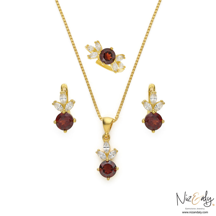 Niz & Aly natural garnet and white cubic zirconia jewelry set with gold-plated necklace, earrings, and ring.