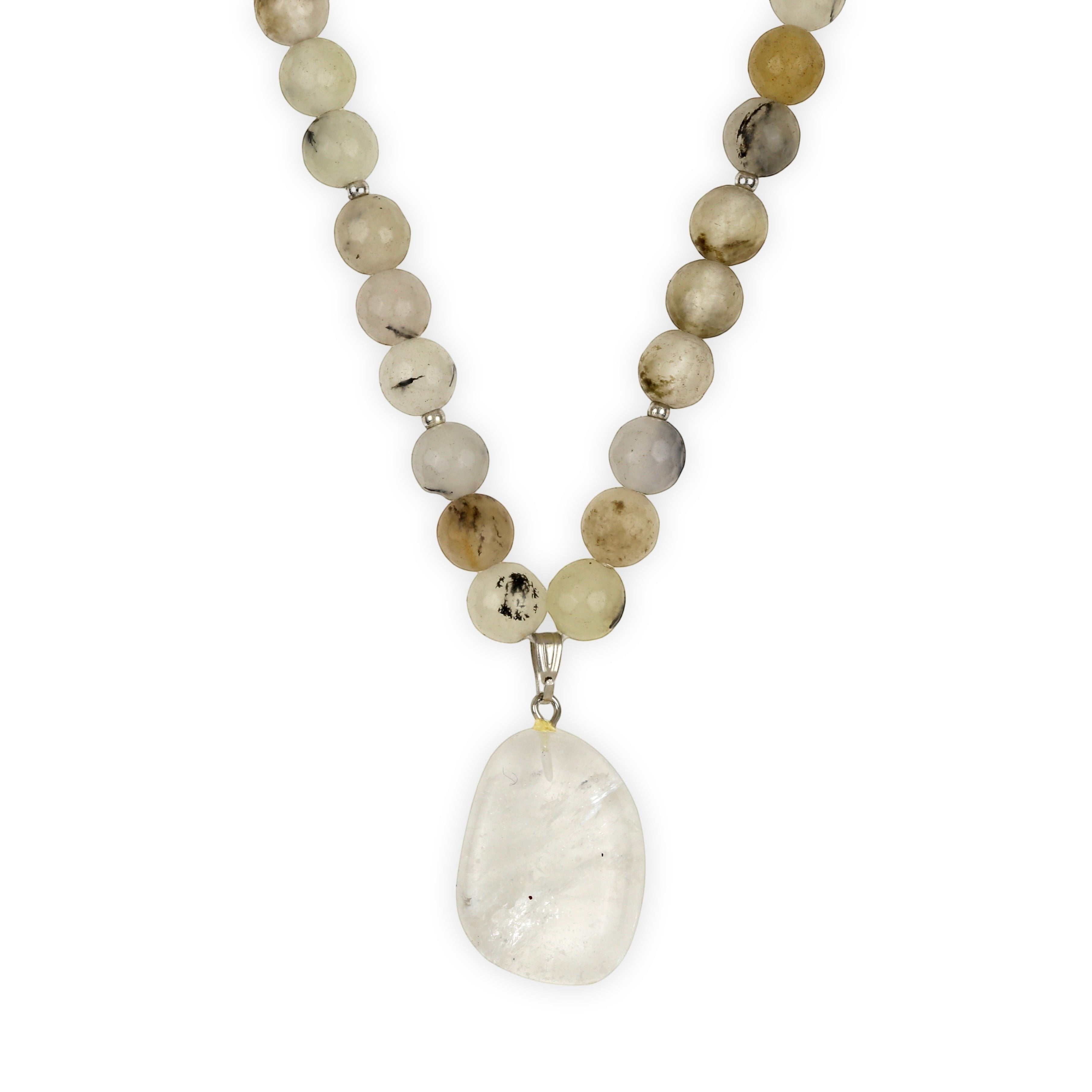 Niz & Aly minimalist necklace featuring natural earth-toned gemstone beads and a clear crystal pendant