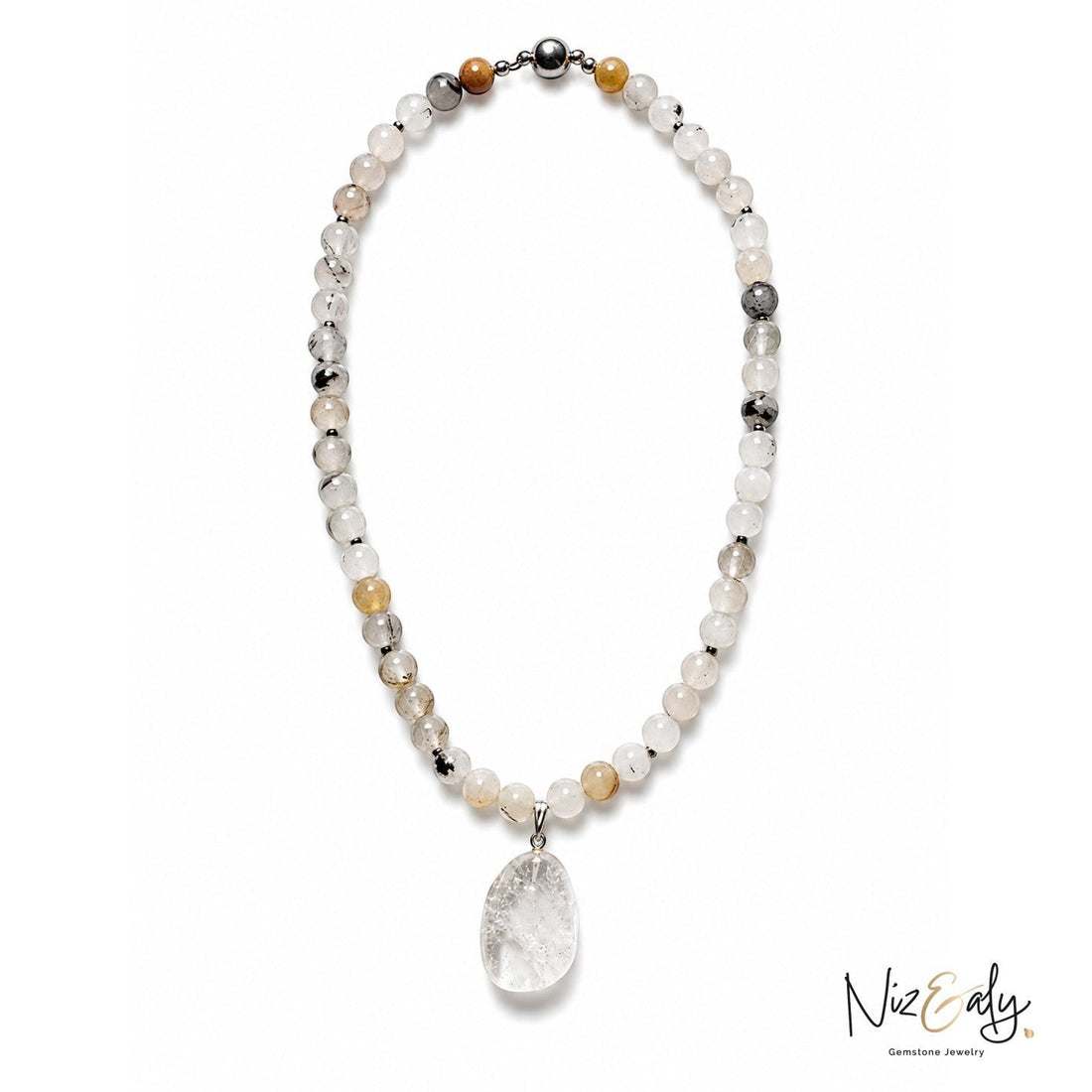 Niz & Aly necklace featuring natural semi-precious gemstone beads in neutral tones with a clear crystal pendant