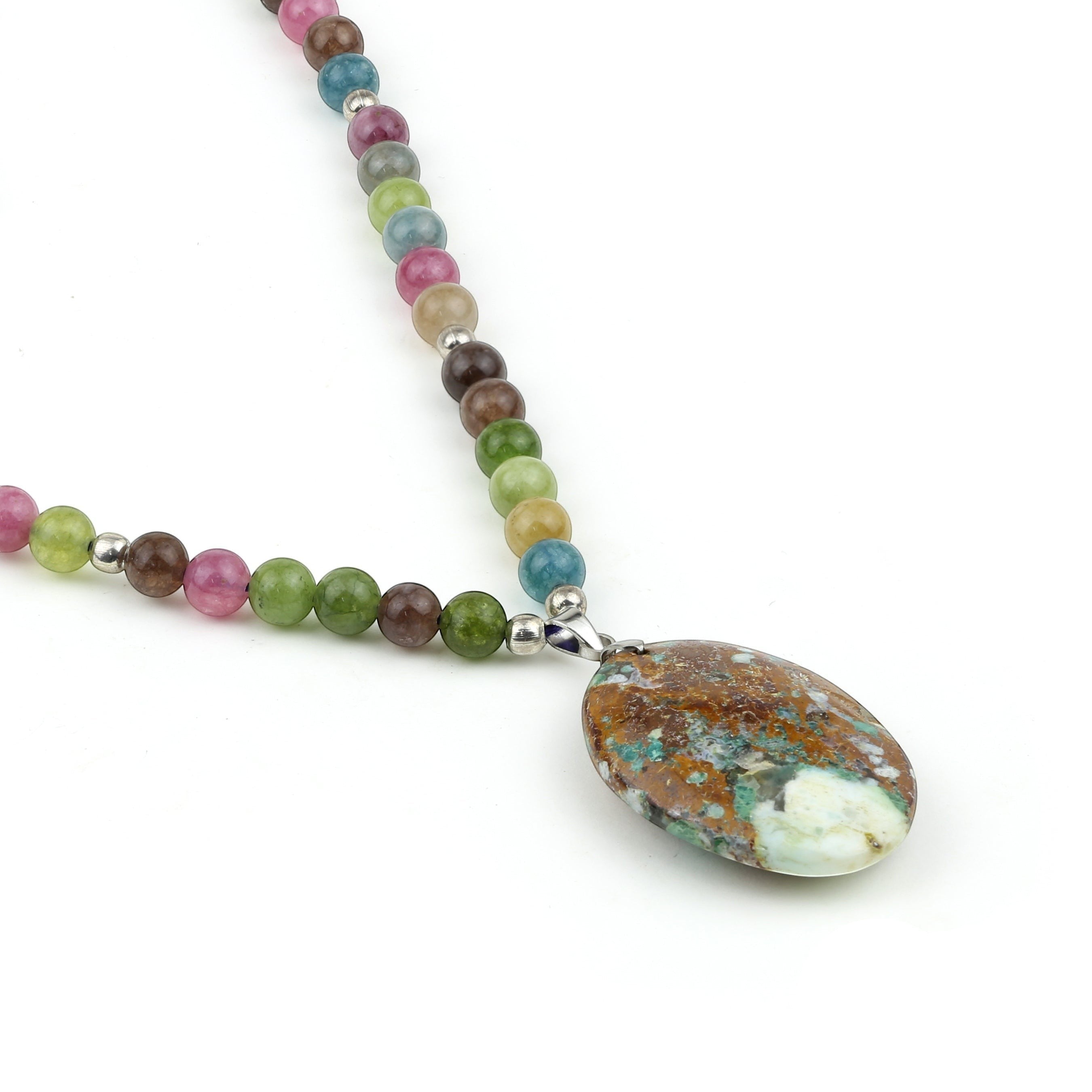 Niz & Aly necklace featuring a large oval patterned gemstone pendant on a strand of colorful semi-precious beads