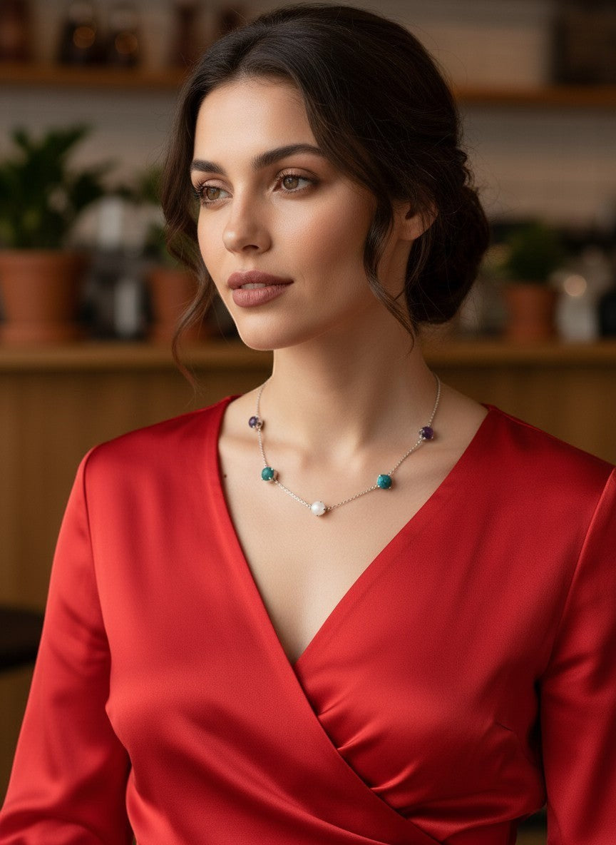 Niz & Aly necklace with amethyst, turquoise, and milky quartz stones on a sterling silver chain worn by a woman