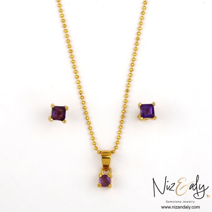 Niz & Aly dainty gold-plated jewelry set featuring a square amethyst pendant on a chain and matching stud earrings.