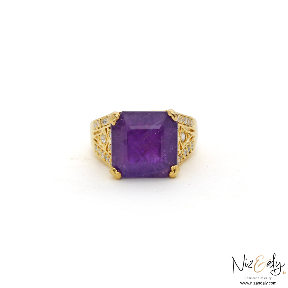 Niz & Aly square-cut amethyst ring in gold-plated sterling silver with shimmering accent stones