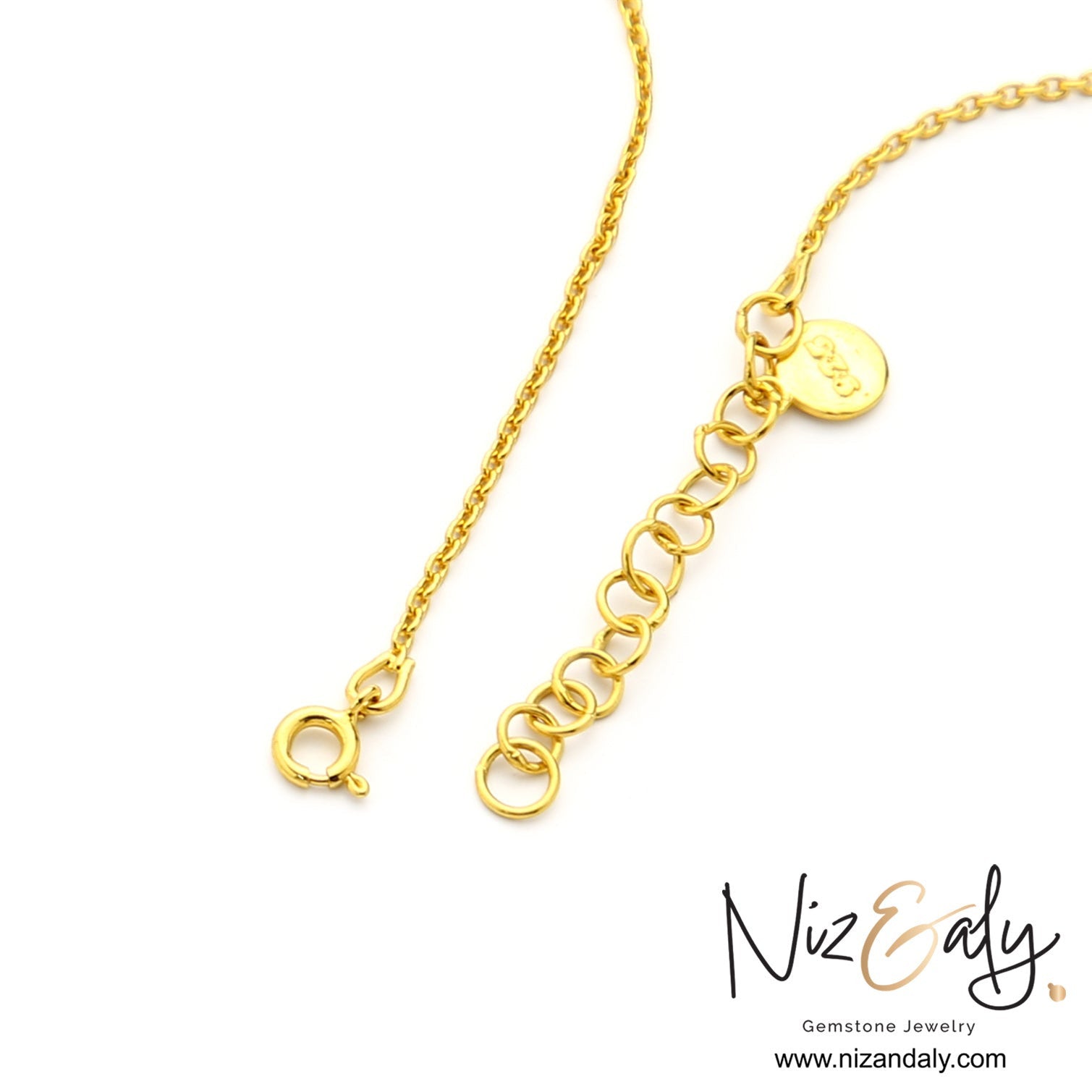 Niz & Aly gold chain necklace with adjustable extender links and a 925 sterling silver hallmark tag