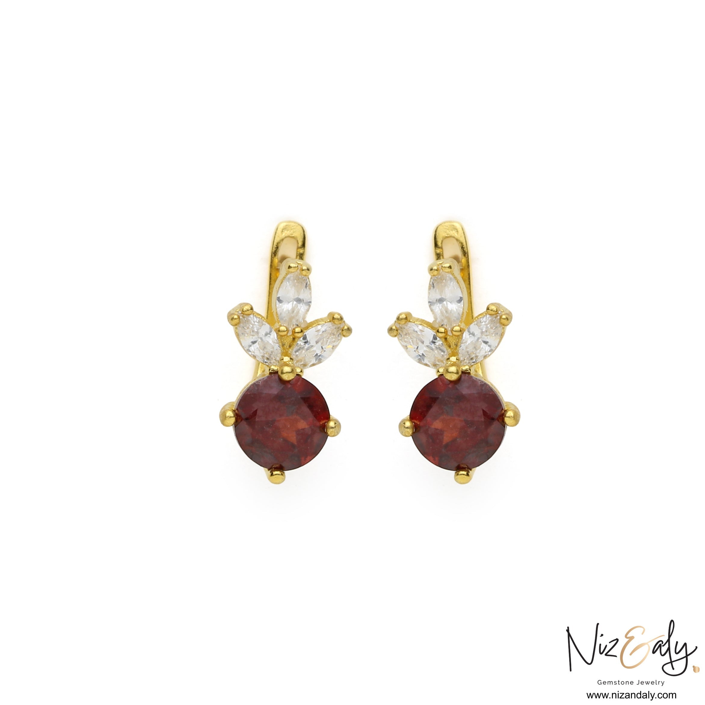 Niz & Aly gold hoop earrings featuring round natural garnet stones and marquise-cut white accent crystals.