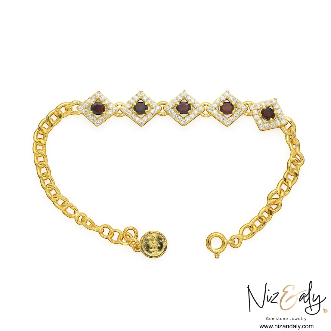 Niz & Aly 14K gold plated silver bracelet featuring diamond-shaped links with red garnet stones and white halos.
