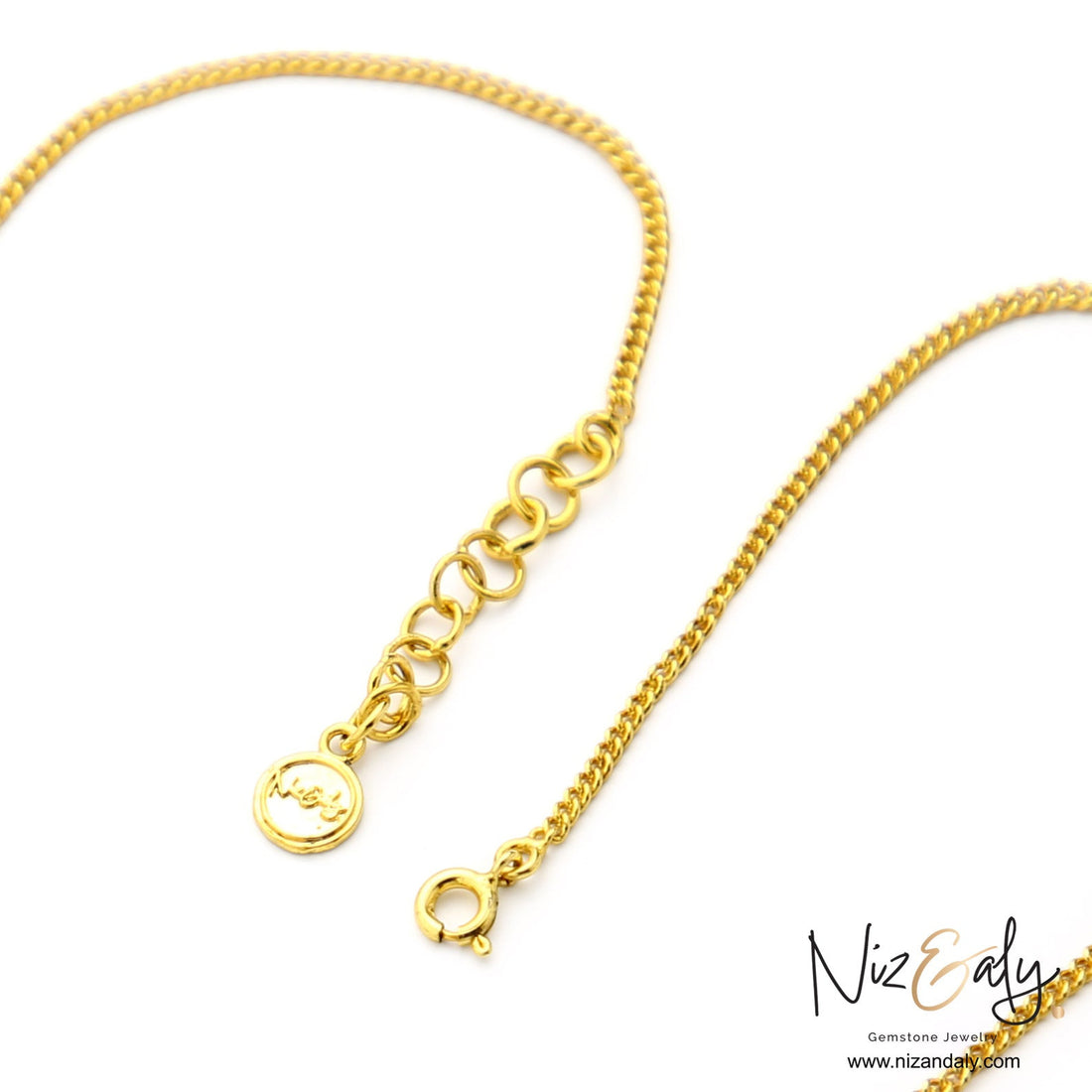 Niz & Aly gold-plated sterling silver necklace chain with adjustable links and branded charm clasp