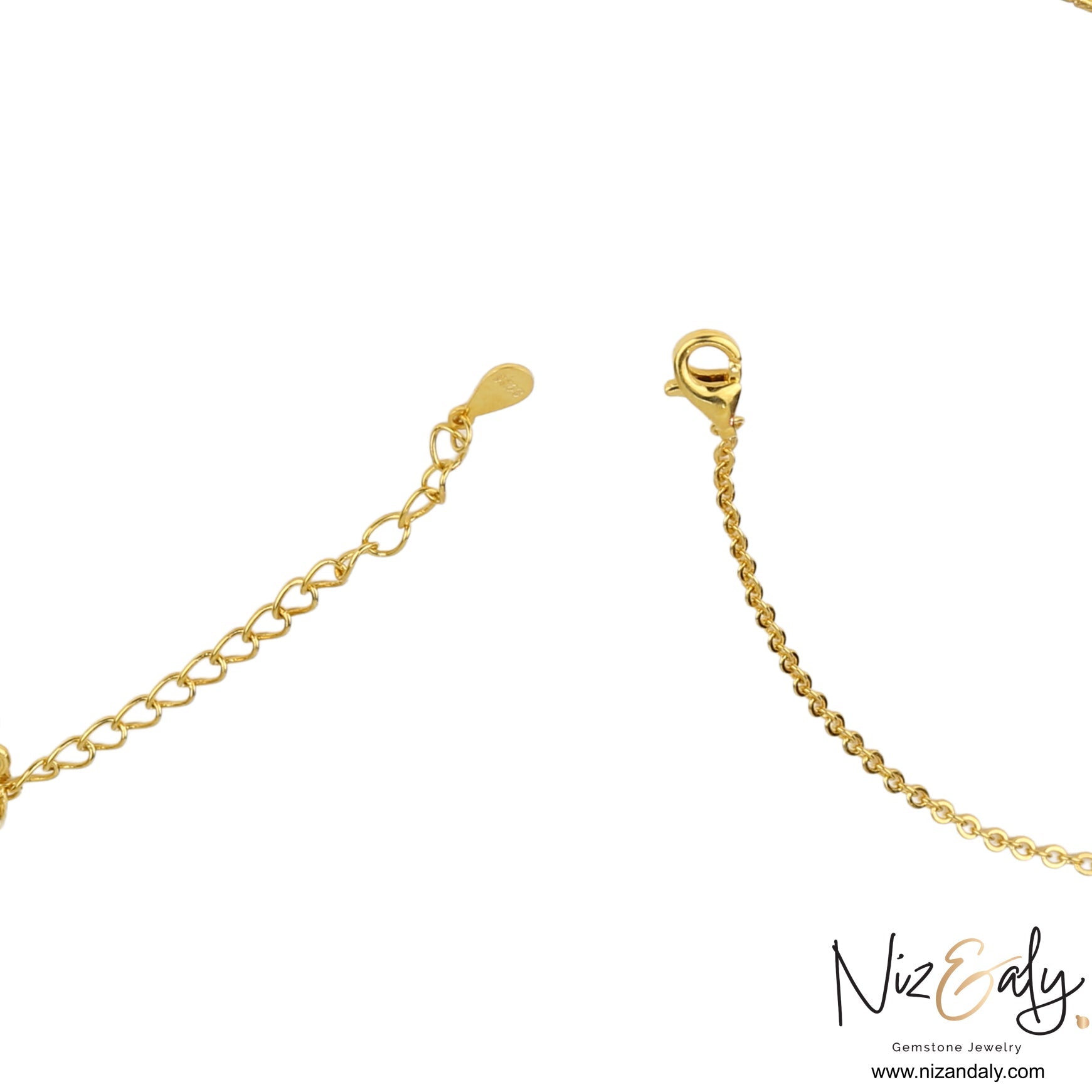 Niz & Aly gold chain necklace clasp and extender detail on a white background