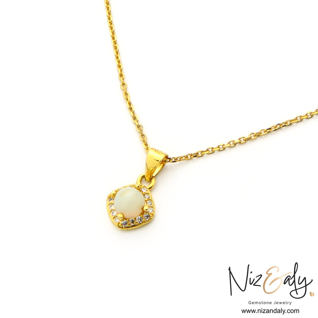 Niz & Aly gold-plated sterling silver necklace featuring a natural white Australian opal in a square halo setting.