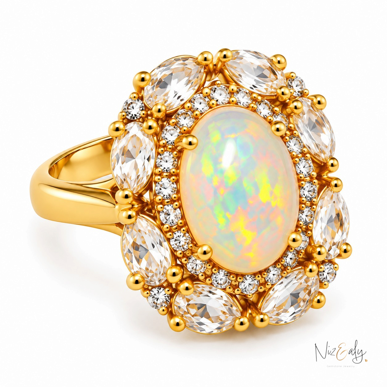 Niz & Aly gold ring featuring a large oval opal center stone surrounded by marquise clear quartz and small diamonds.