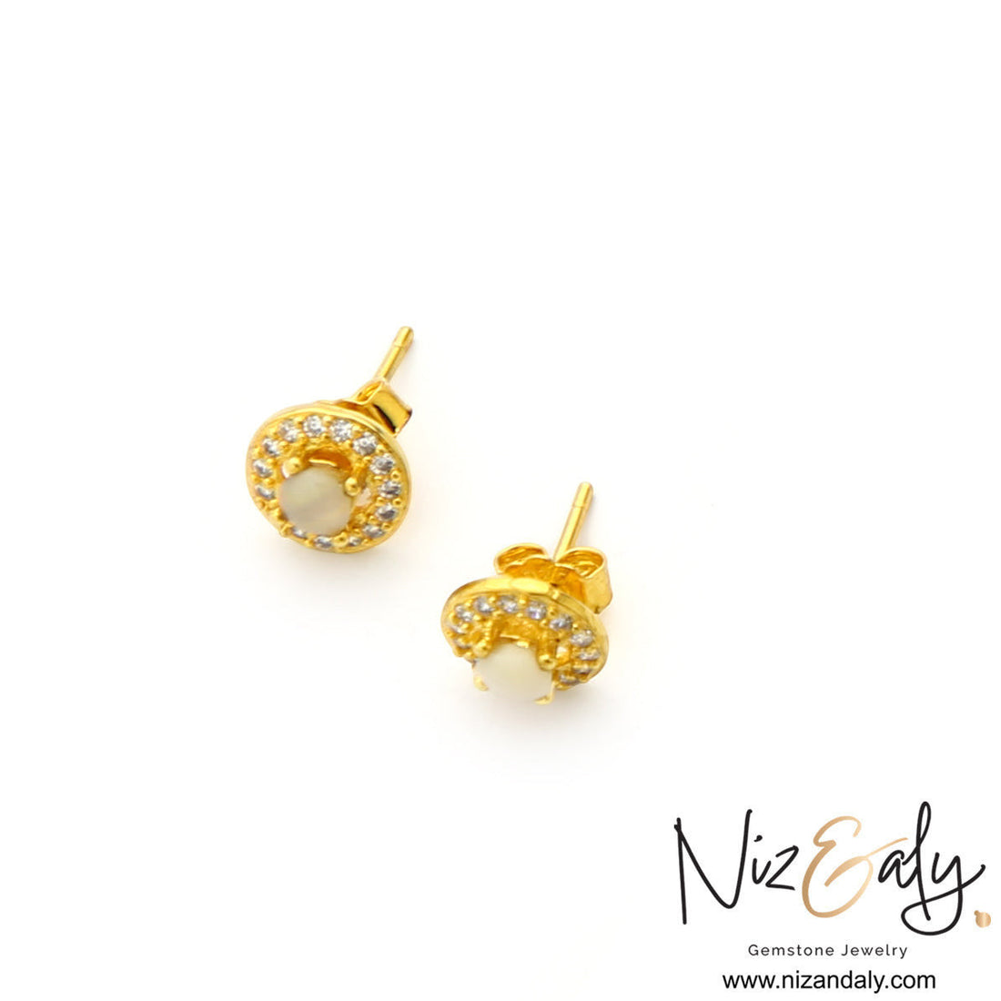 Niz & Aly round white Australian opal stud earrings with a sparkling halo of clear stones set in polished gold